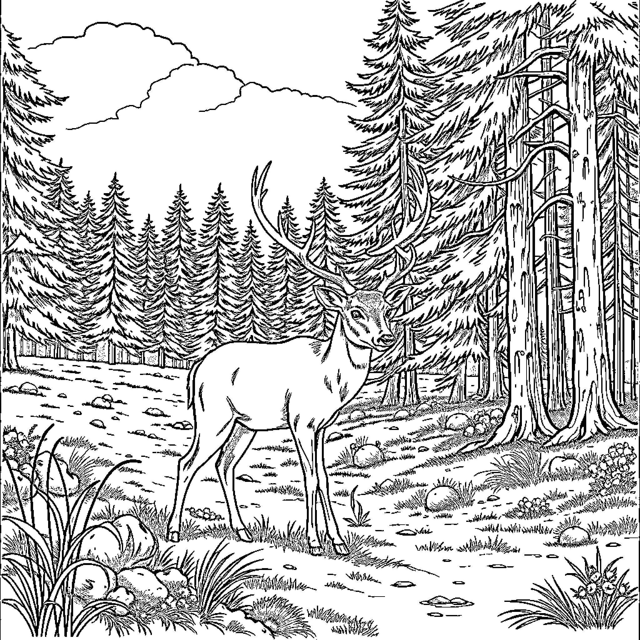 Deer standing in a lush forest landscape Coloring Page (free black-and-white line drawing printable PDF for all, from beginners to advanced learners, including children, teens, adults, and seniors)