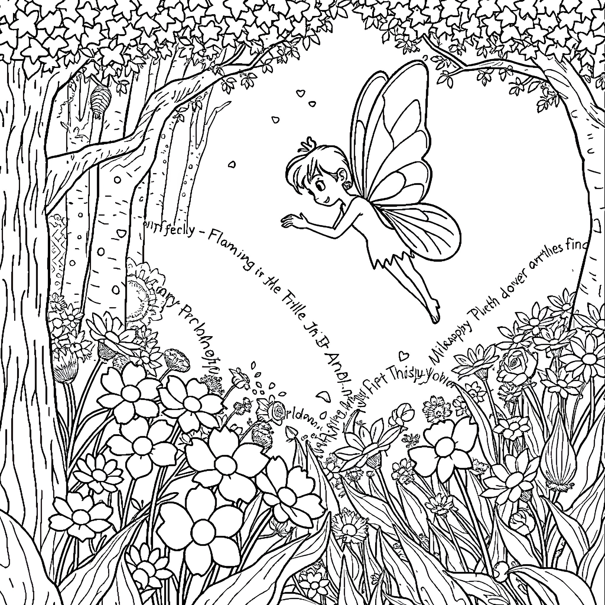 Tooth Fairy flying happily in a magical forest Coloring Page (free black-and-white line drawing printable PDF for all, from beginners to advanced learners, including children, teens, adults, and seniors)