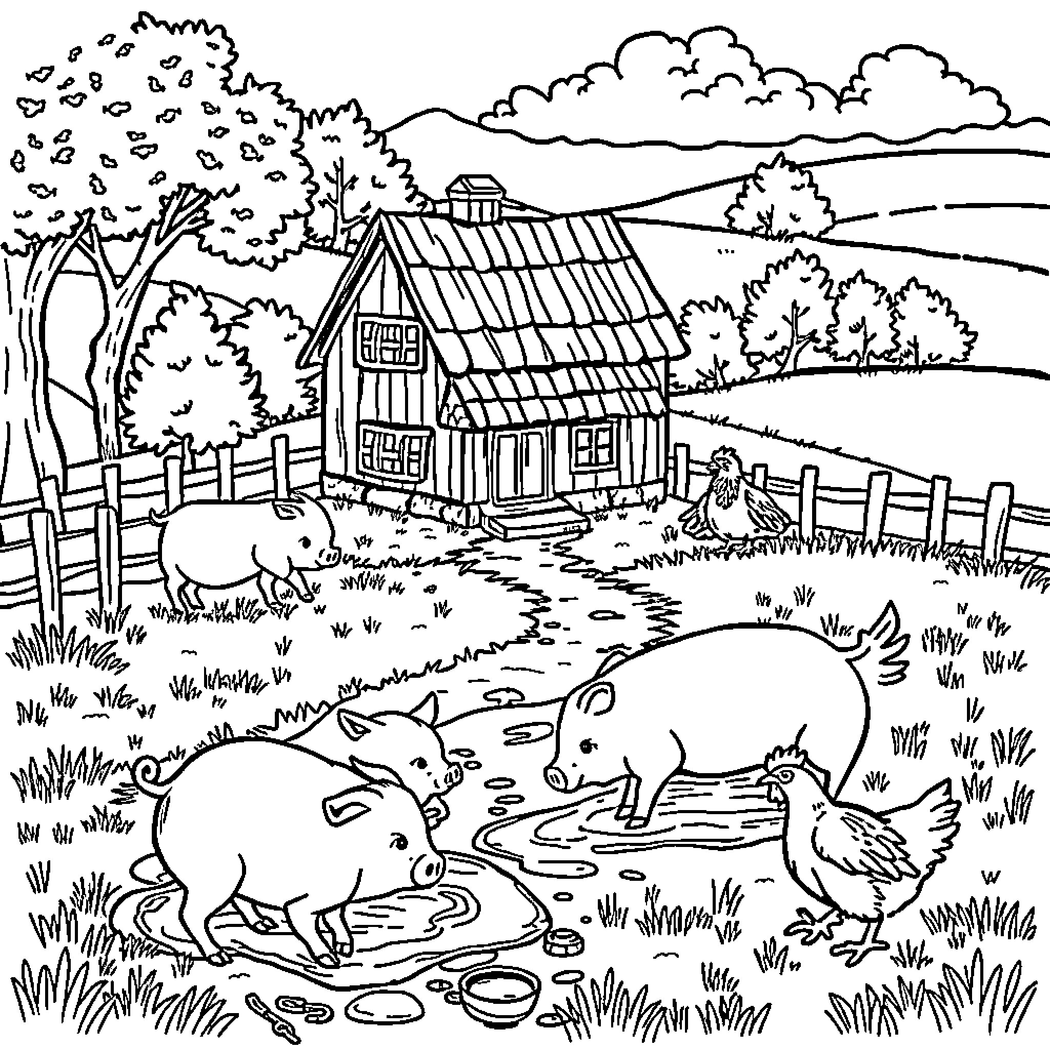 Farmhouse with farm animals in a serene countryside scene Coloring Page (free black-and-white line drawing printable PDF for all, from beginners to advanced learners, including children, teens, adults, and seniors)