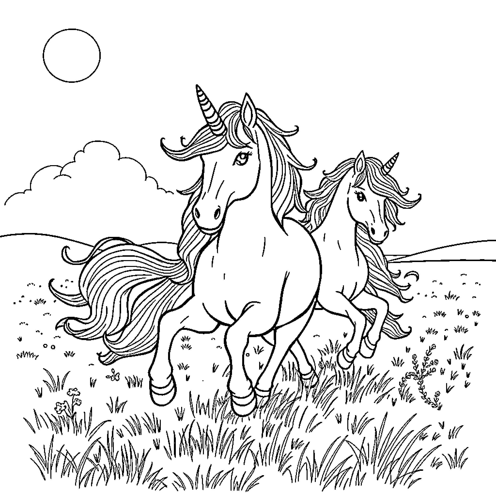 Unicorns frolicking joyfully in a grassy meadow Coloring Page (free black-and-white line drawing printable PDF for all, from beginners to advanced learners, including children, teens, adults, and seniors)