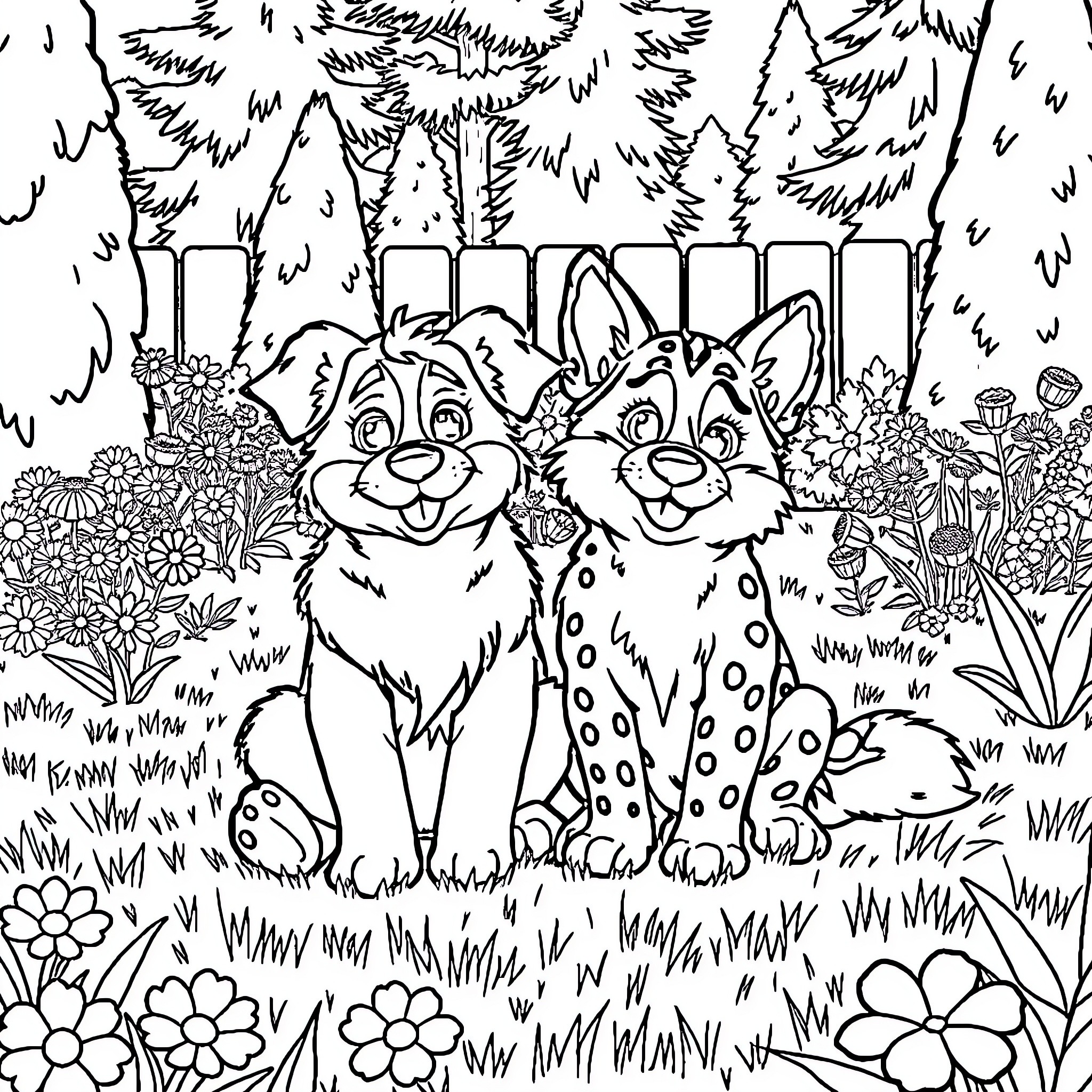 Bluey and Friends Explore the Enchanted Forest Coloring Page (free black-and-white line drawing printable PDF for all, from beginners to advanced learners, including children, teens, adults, and seniors)