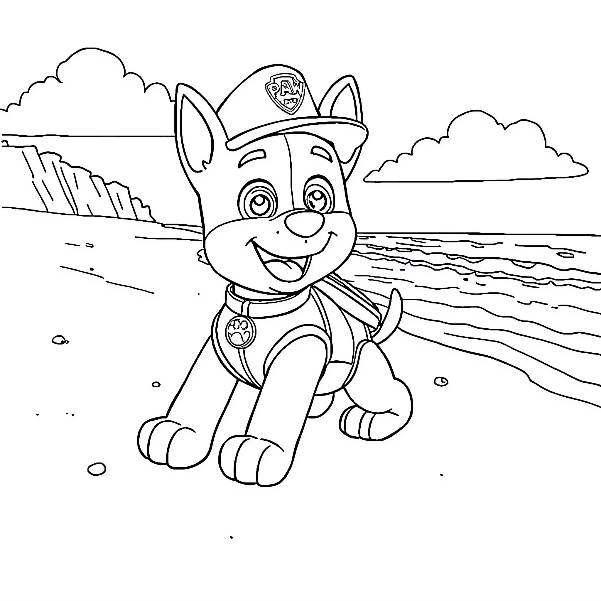 Chase the Happy Pup's Coastal Adventure Coloring Page (free black-and-white line drawing printable PDF for all, from beginners to advanced learners, including children, teens, adults, and seniors)