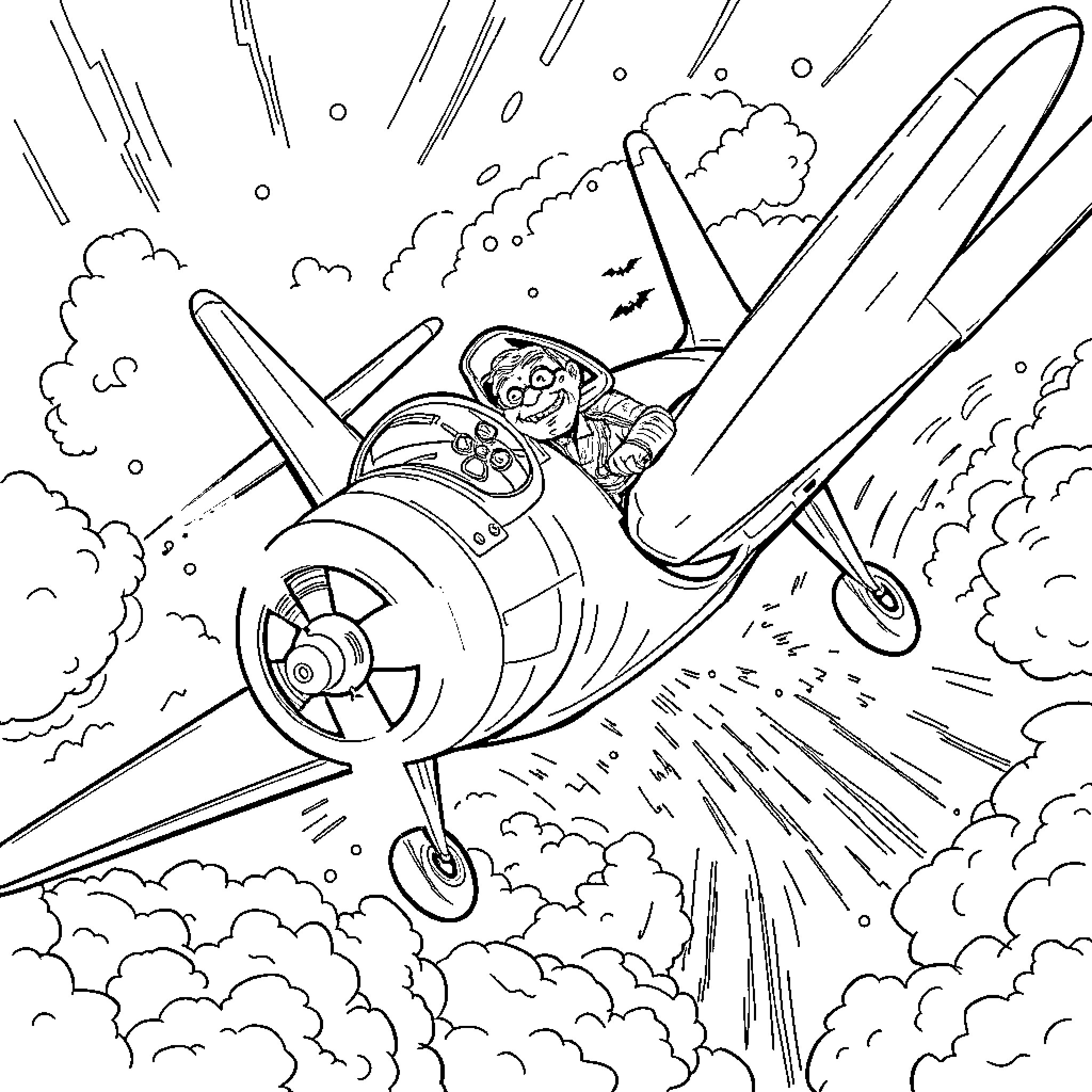 Airplane pilot soaring through the sky with speed and excitement Coloring Page (free black-and-white line drawing printable PDF for all, from beginners to advanced learners, including children, teens, adults, and seniors)
