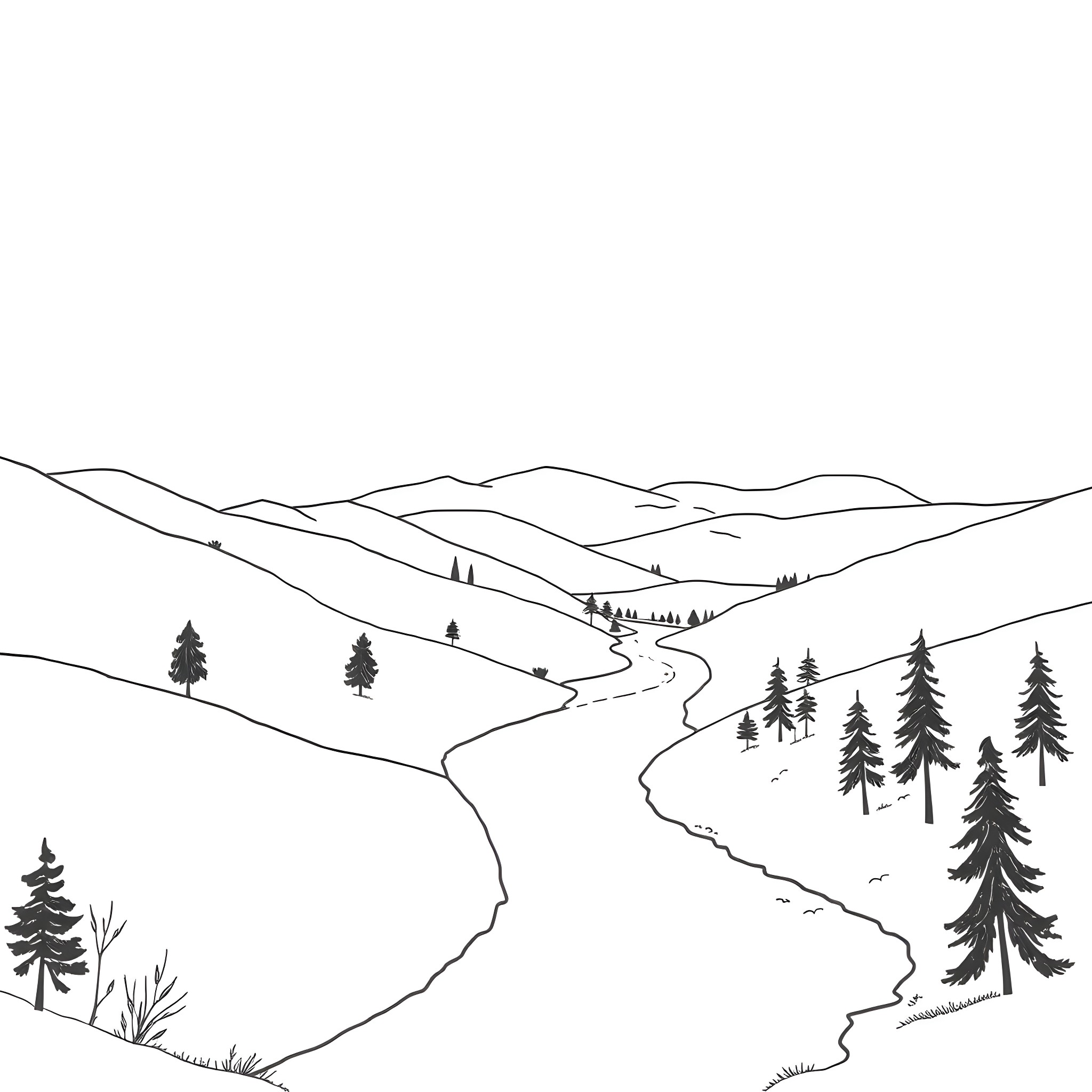 Scene of a winding path through a mountainous landscape Coloring Page (free black-and-white line drawing printable PDF for all, from beginners to advanced learners, including children, teens, adults, and seniors)