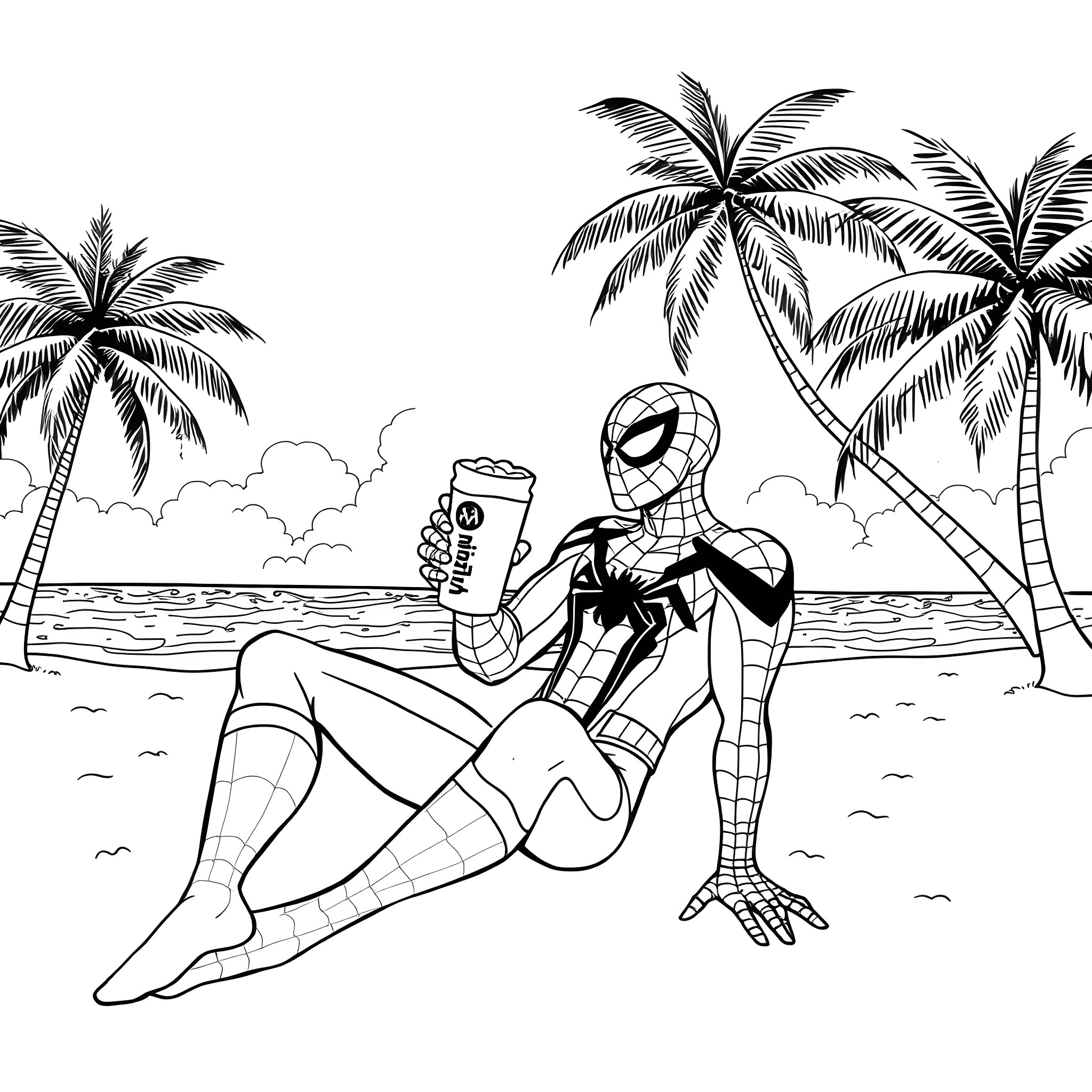 Spider-Man relaxing on the beach Coloring Page (free black-and-white line drawing printable PDF for all, from beginners to advanced learners, including children, teens, adults, and seniors)