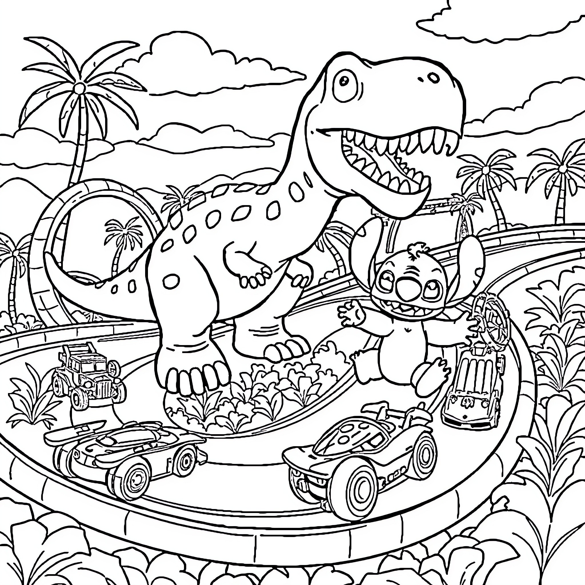 Dinosaur roaming through tropical jungle with toy cars Coloring Page (free black-and-white line drawing printable PDF for all, from beginners to advanced learners, including children, teens, adults, and seniors)