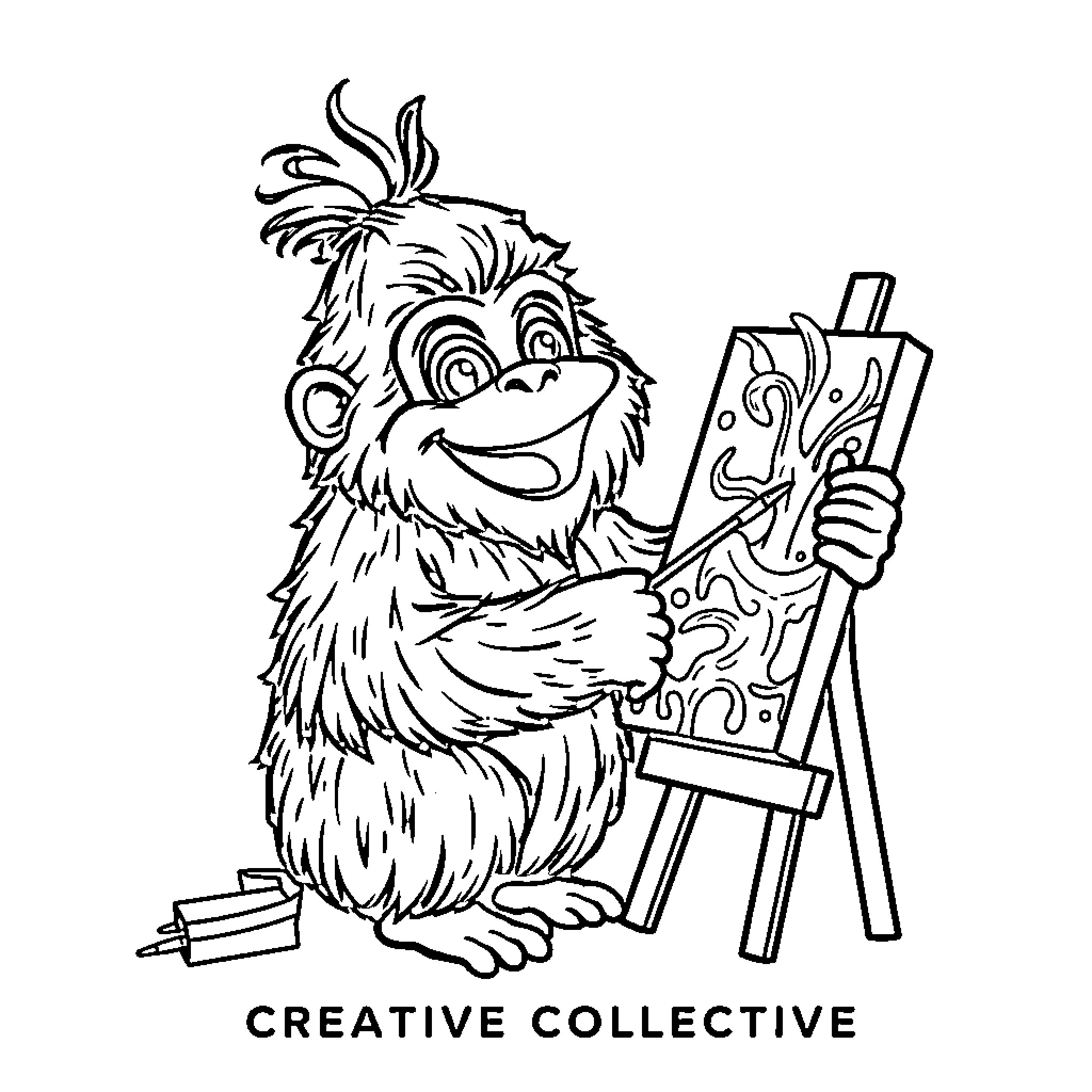 Yeti artist painting on canvas with whimsical expression Coloring Page (free black-and-white line drawing printable PDF for all, from beginners to advanced learners, including children, teens, adults, and seniors)