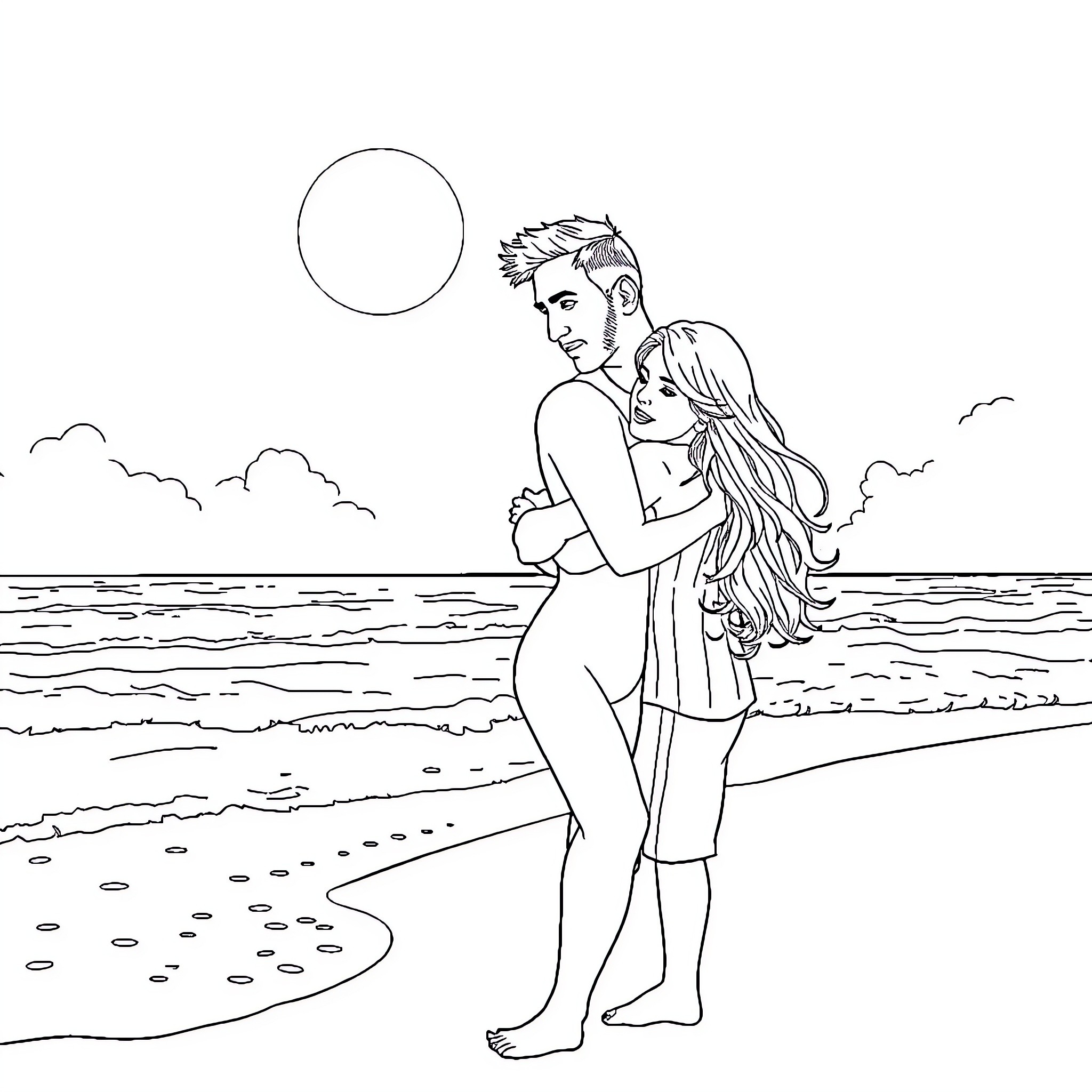 Lionel Messi embracing a woman on the beach Coloring Page (free black-and-white line drawing printable PDF for all, from beginners to advanced learners, including children, teens, adults, and seniors)