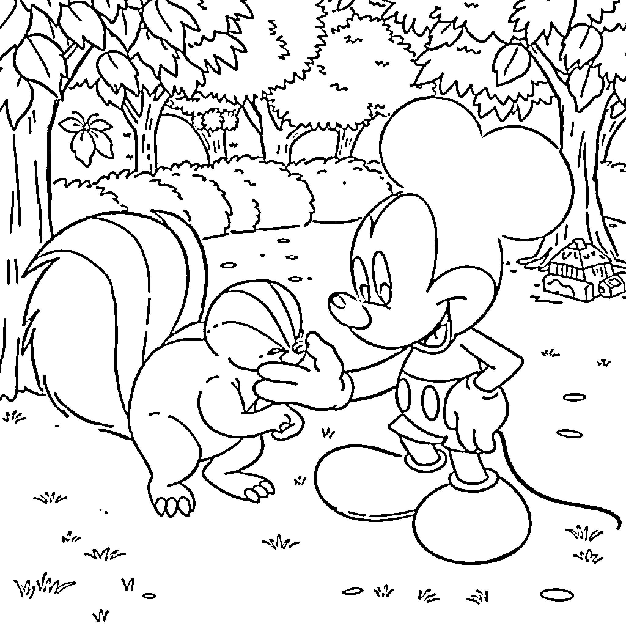 Mickey Mouse Enjoying Nature with Friends Coloring Page (free black-and-white line drawing printable PDF for all, from beginners to advanced learners, including children, teens, adults, and seniors)