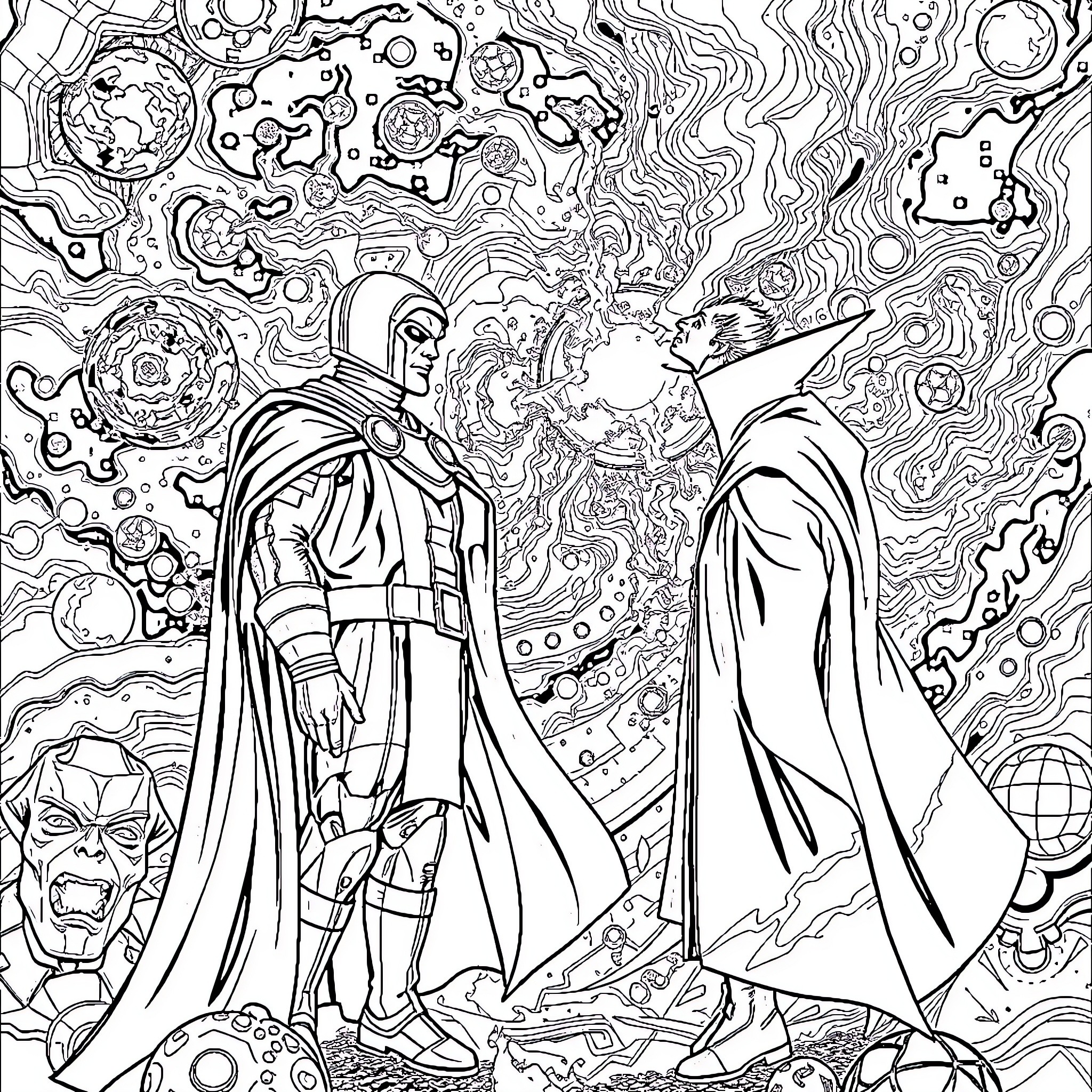 Doctor Doom Confronts a Mysterious Figure in a Cosmic Landscape Coloring Page (free black-and-white line drawing printable PDF for all, from beginners to advanced learners, including children, teens, adults, and seniors)
