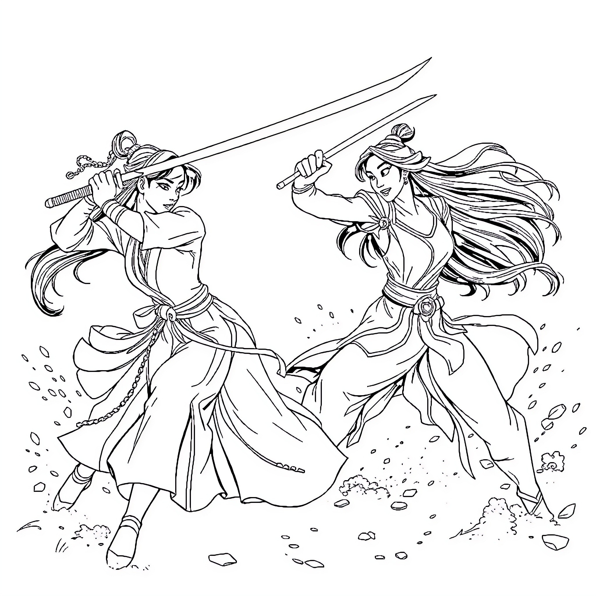 Mulan engaged in heroic combat with sword and staff Coloring Page (free black-and-white line drawing printable PDF for all, from beginners to advanced learners, including children, teens, adults, and seniors)
