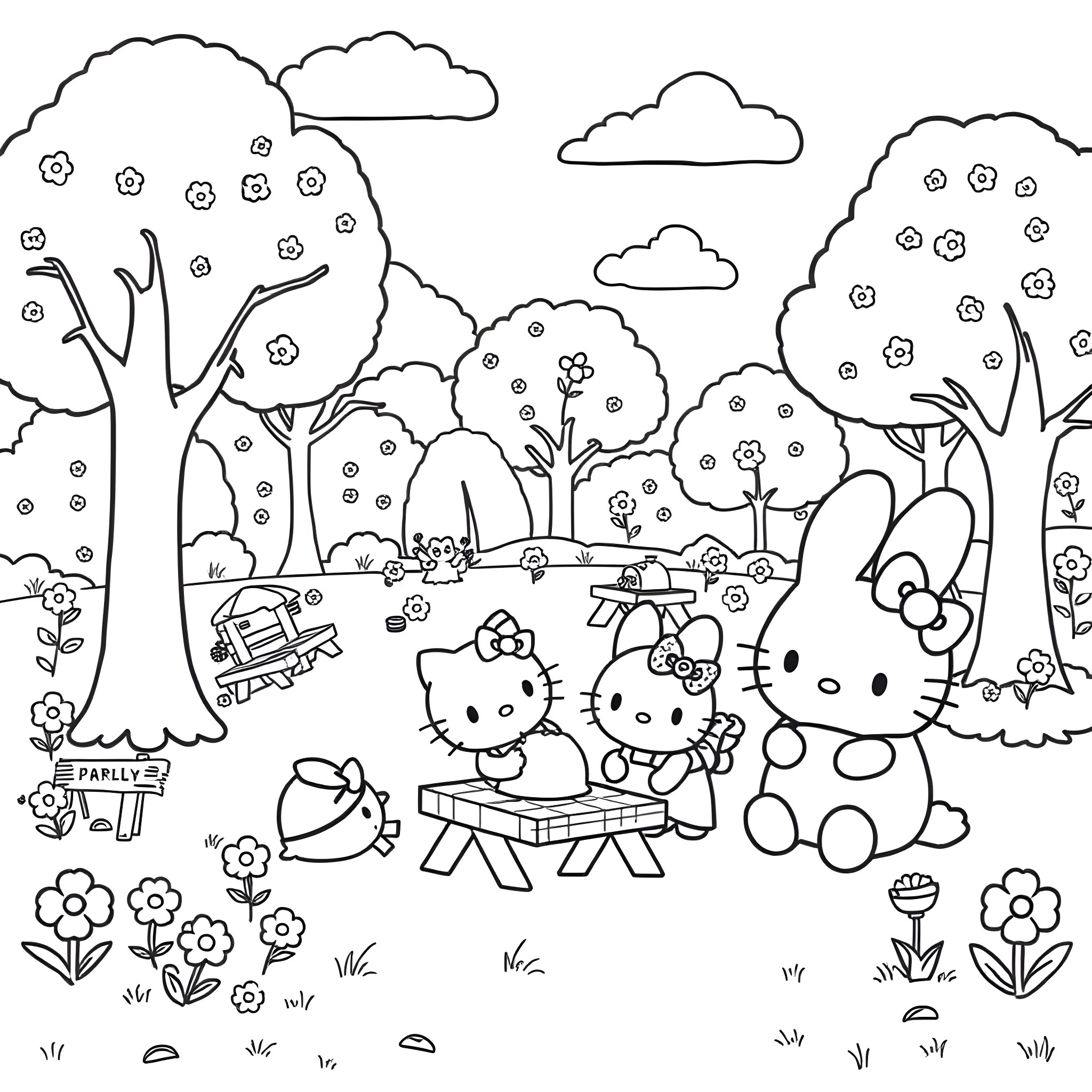 Hello Kitty and friends playing in the park Coloring Page (free black-and-white line drawing printable PDF for all, from beginners to advanced learners, including children, teens, adults, and seniors)