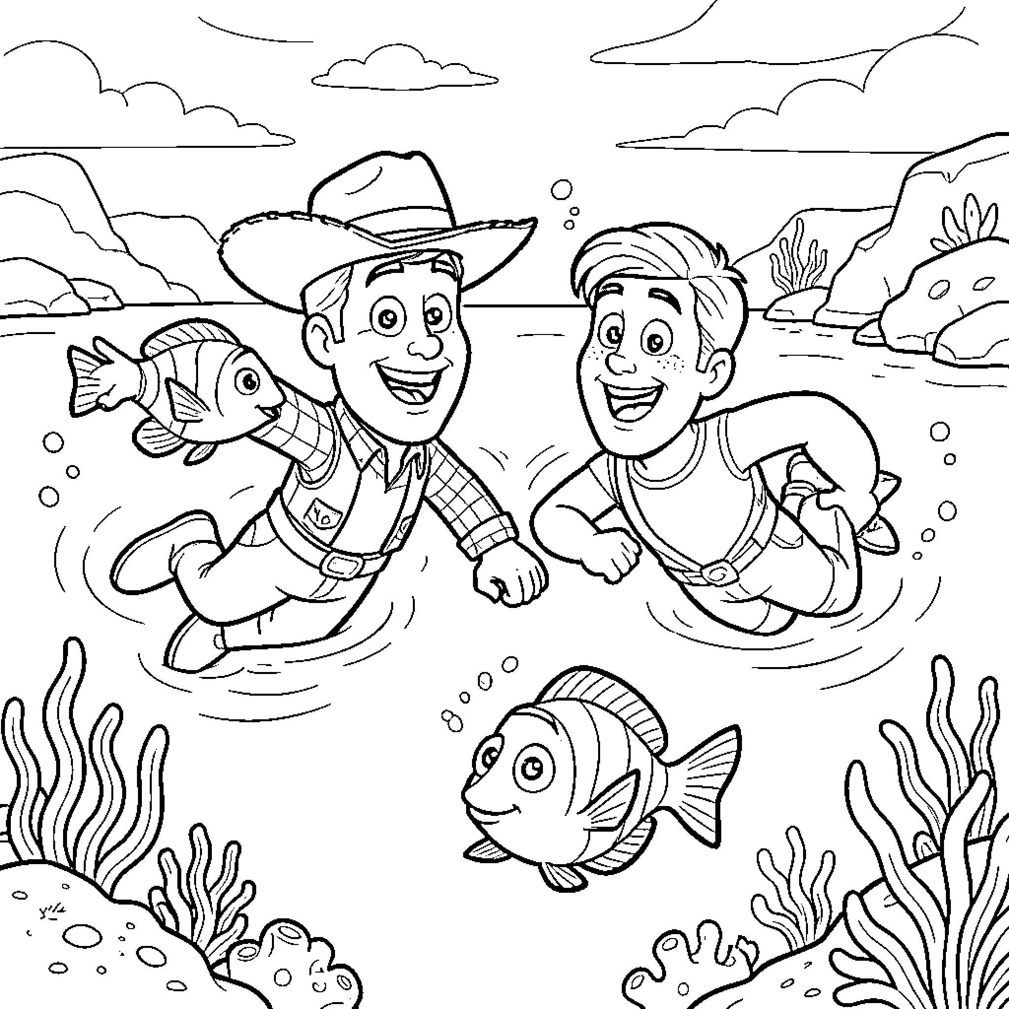 Woody and a friend swimming with fish underwater Coloring Page (free black-and-white line drawing printable PDF for all, from beginners to advanced learners, including children, teens, adults, and seniors)