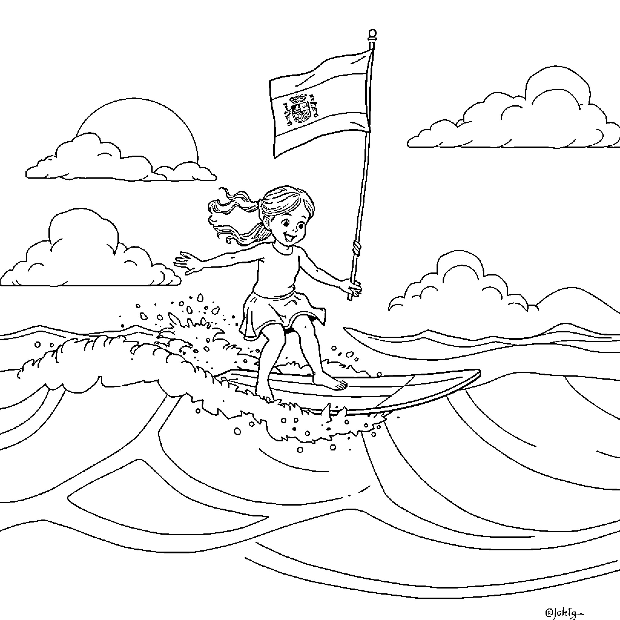 Girl riding waves and waving flag on the beach Coloring Page (free black-and-white line drawing printable PDF for all, from beginners to advanced learners, including children, teens, adults, and seniors)