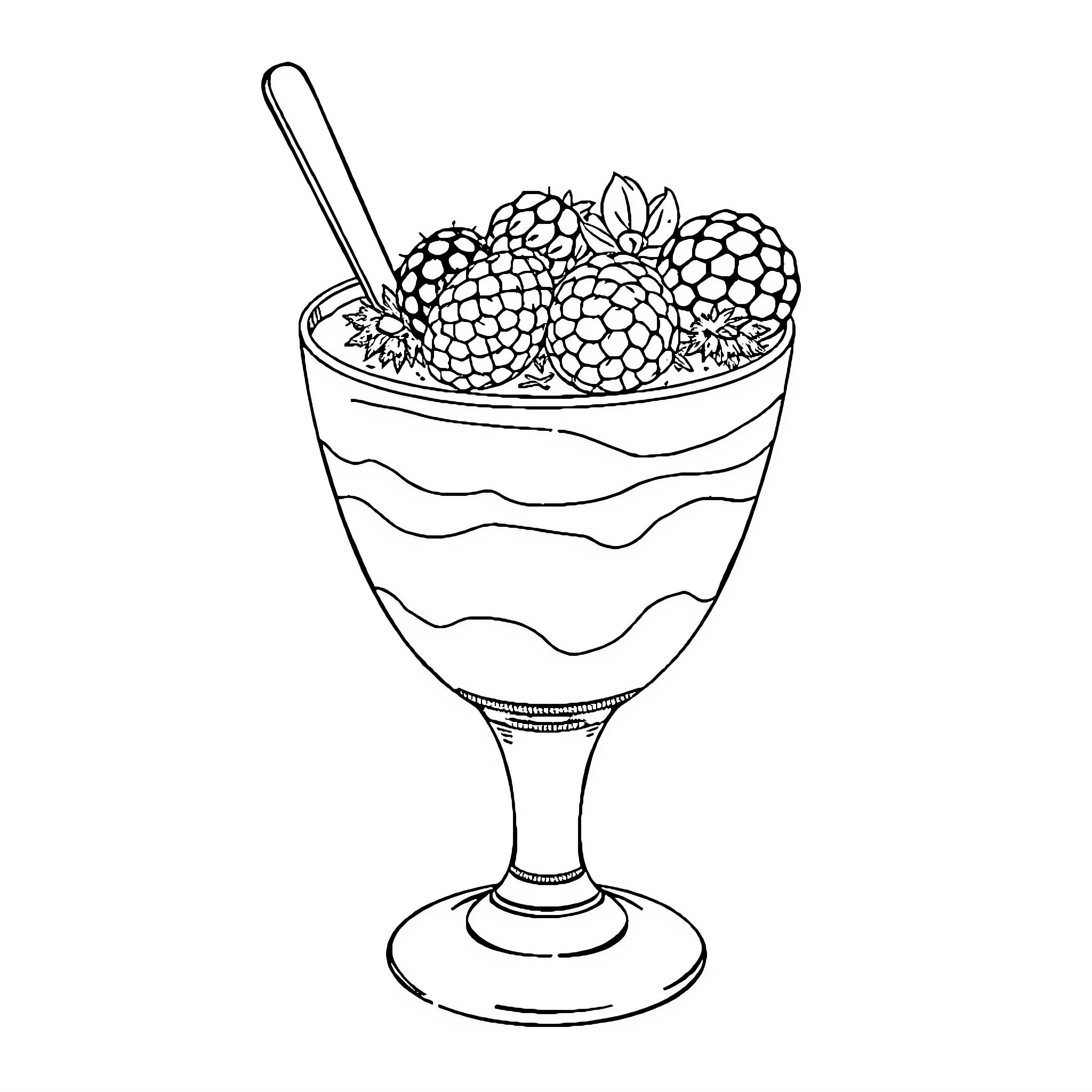 Berry Dessert Served in a Glass Bowl Coloring Page (free black-and-white line drawing printable PDF for all, from beginners to advanced learners, including children, teens, adults, and seniors)