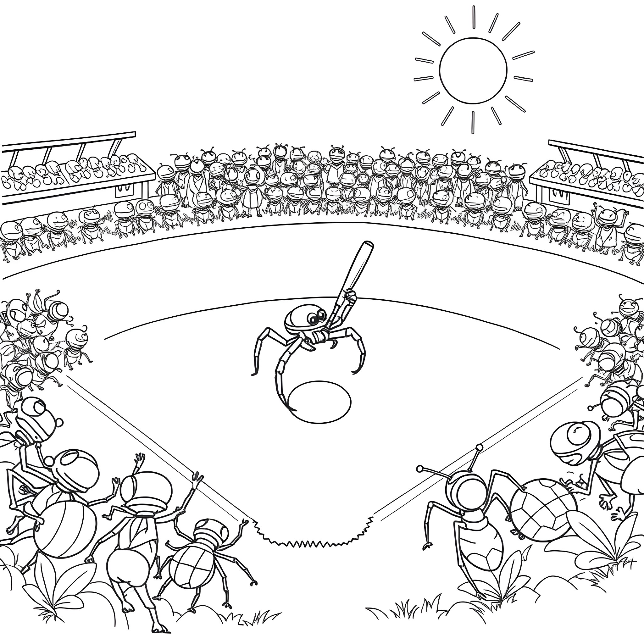 Spider-themed Baseball Game Under the Sun Coloring Page (free black-and-white line drawing printable PDF for all, from beginners to advanced learners, including children, teens, adults, and seniors)
