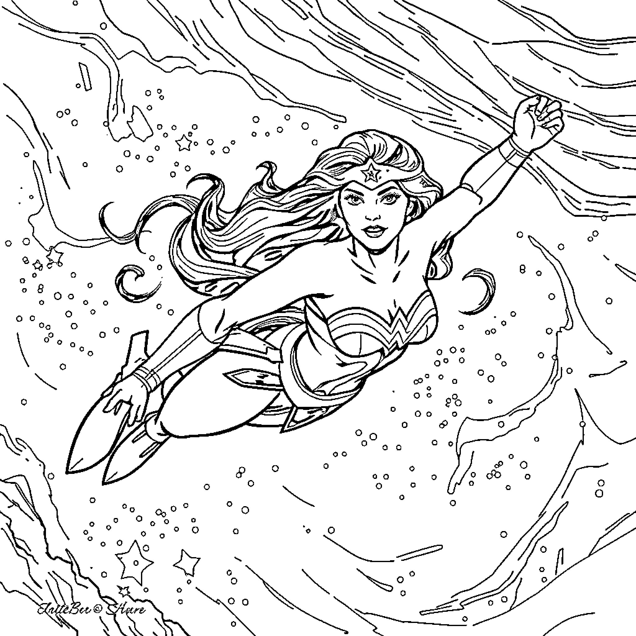 Wonder Woman soaring through cosmic scene Coloring Page (free black-and-white line drawing printable PDF for all, from beginners to advanced learners, including children, teens, adults, and seniors)