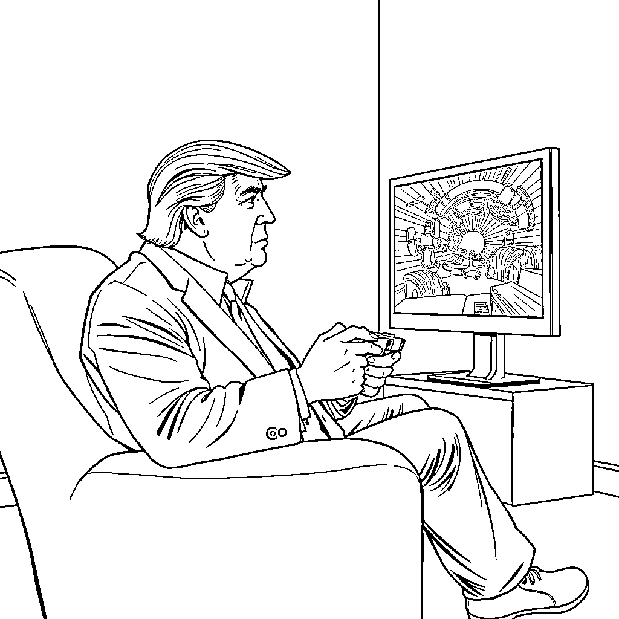Trump examining abstract artwork on computer screen Coloring Page (free black-and-white line drawing printable PDF for all, from beginners to advanced learners, including children, teens, adults, and seniors)