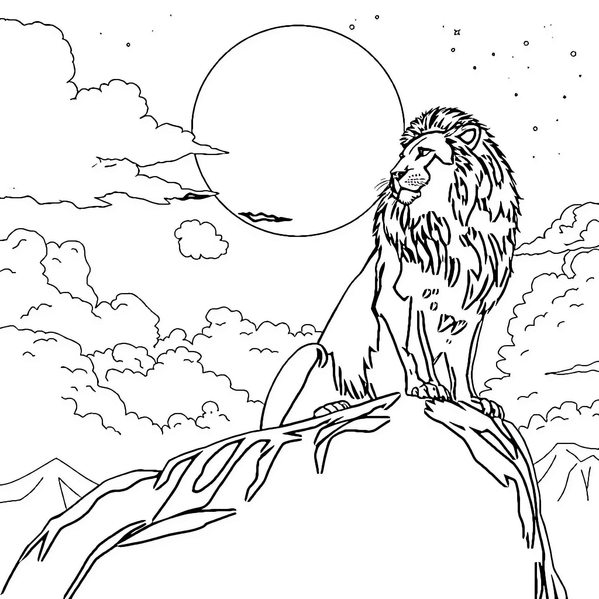Wolf guarding the night landscape Coloring Page (free black-and-white line drawing printable PDF for all, from beginners to advanced learners, including children, teens, adults, and seniors)