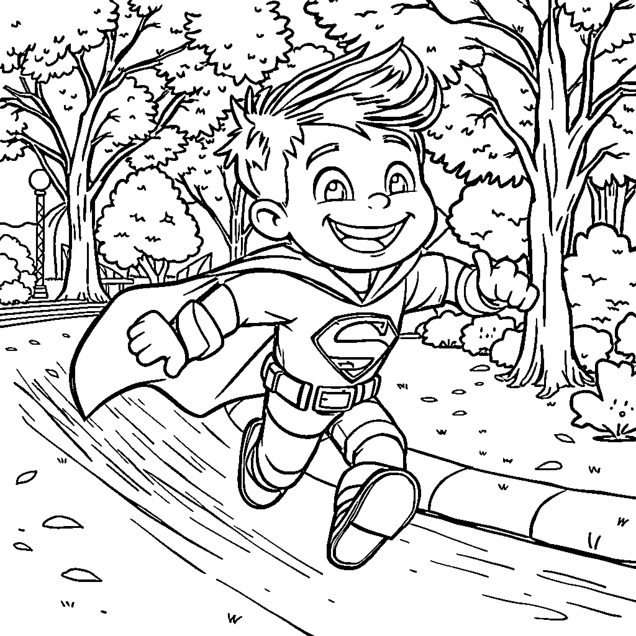 Kid Kazoom Rushing Through Magical Forest Coloring Page (free black-and-white line drawing printable PDF for all, from beginners to advanced learners, including children, teens, adults, and seniors)