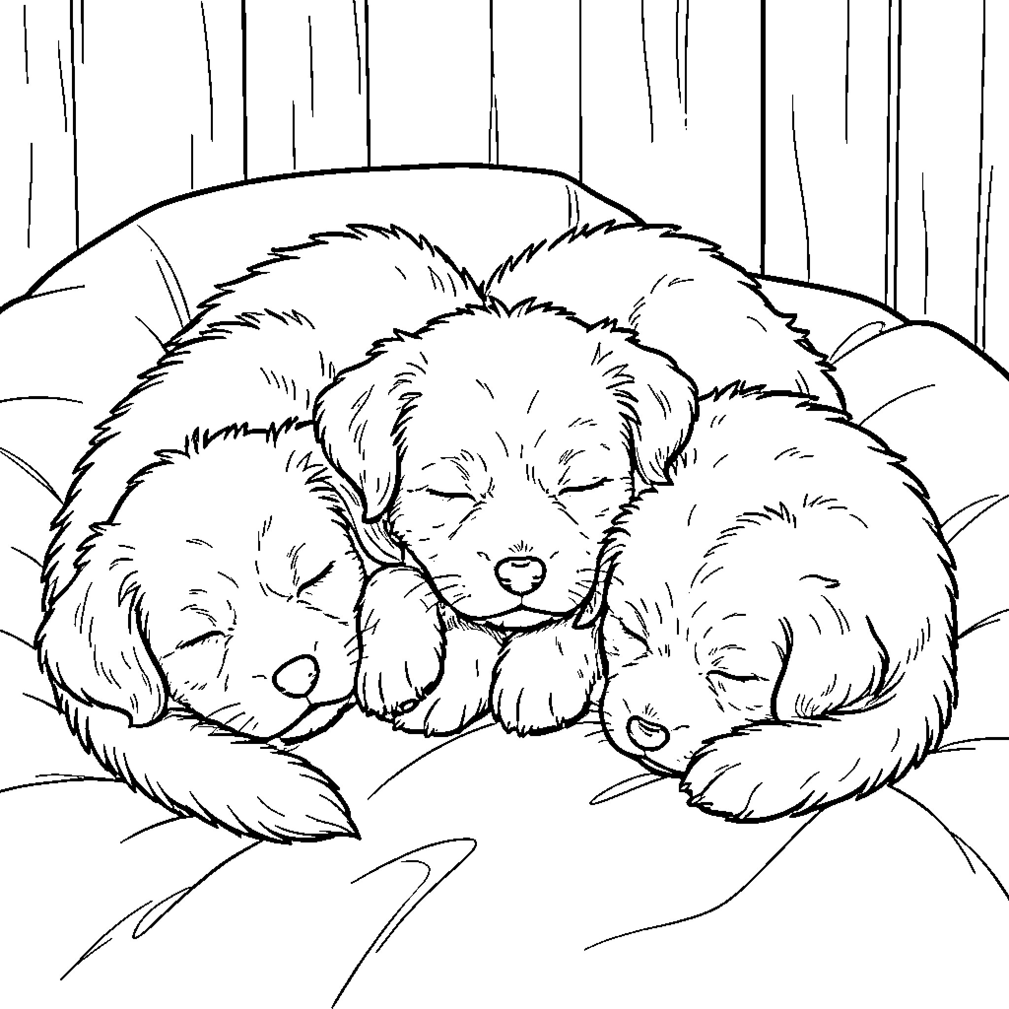 Puppy siblings sleeping peacefully in the forest Coloring Page (free black-and-white line drawing printable PDF for all, from beginners to advanced learners, including children, teens, adults, and seniors)