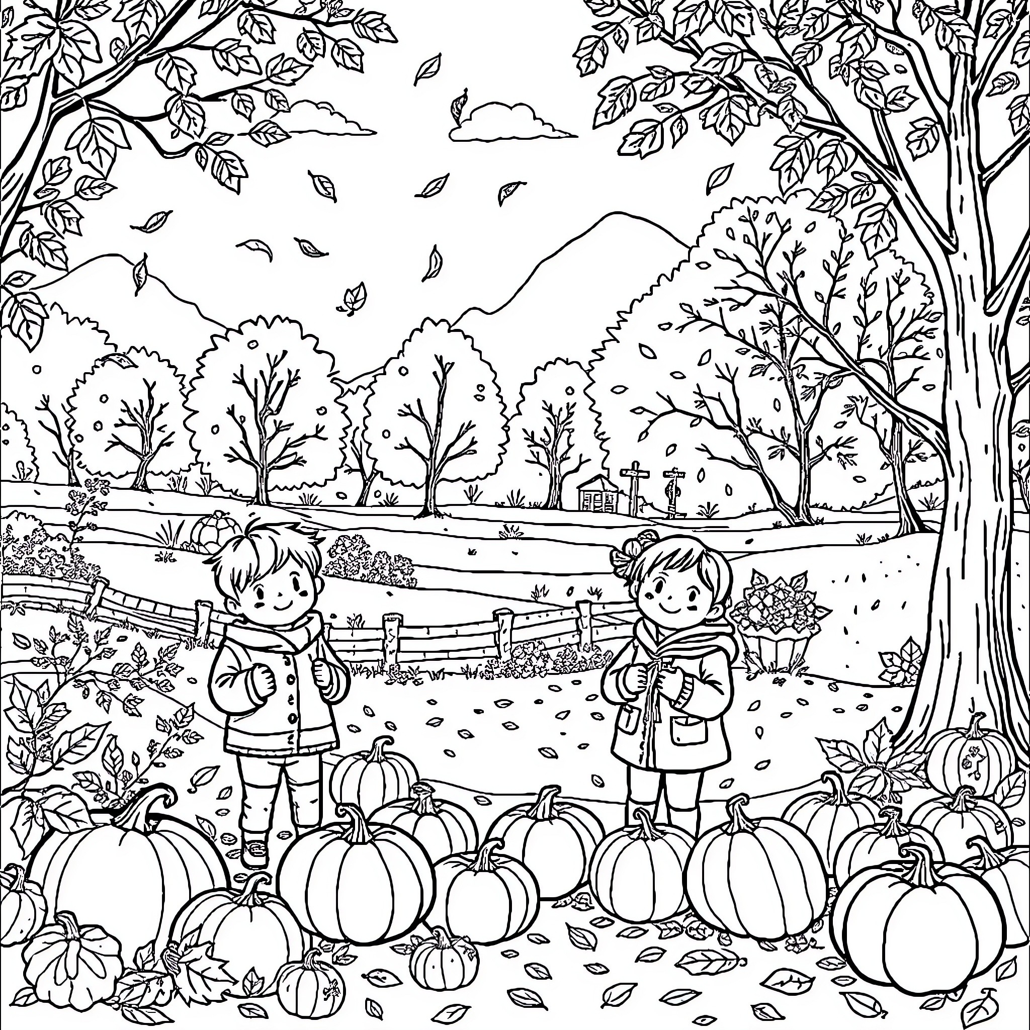 Autumn Nature Adventure with Pumpkins Coloring Page (free black-and-white line drawing printable PDF for all, from beginners to advanced learners, including children, teens, adults, and seniors)