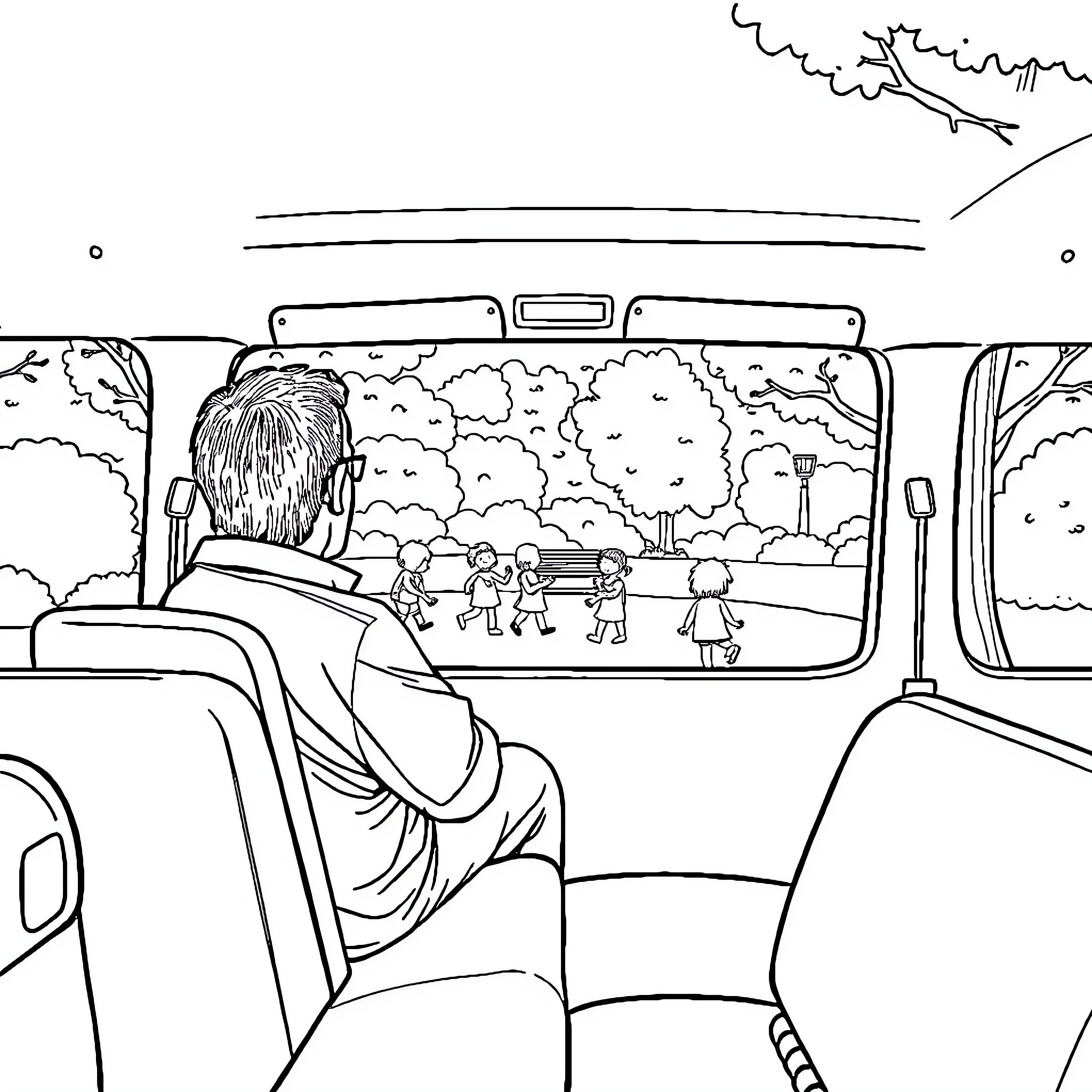 Man Observing Children at Play through Windshield Coloring Page (free black-and-white line drawing printable PDF for all, from beginners to advanced learners, including children, teens, adults, and seniors)