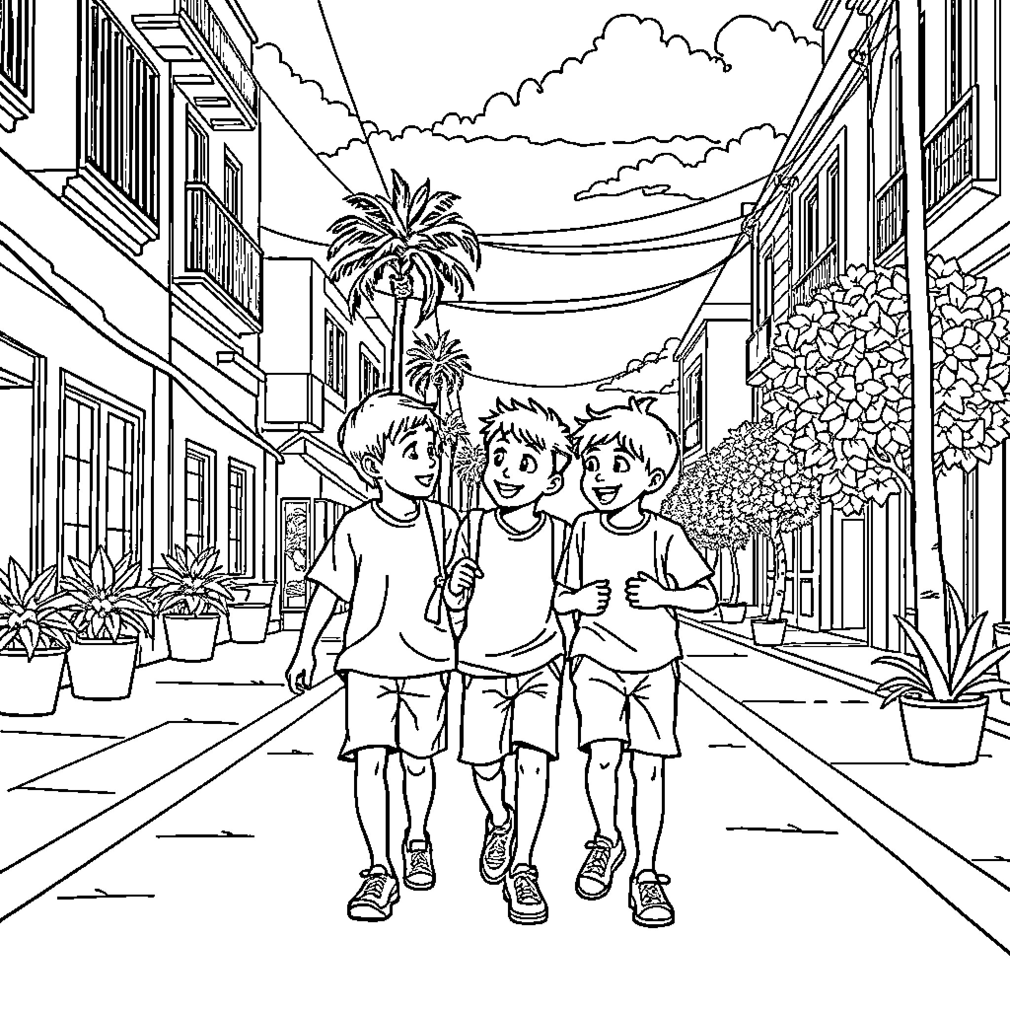 Saja Boy's Playful Stroll through the Village Coloring Page (free black-and-white line drawing printable PDF for all, from beginners to advanced learners, including children, teens, adults, and seniors)