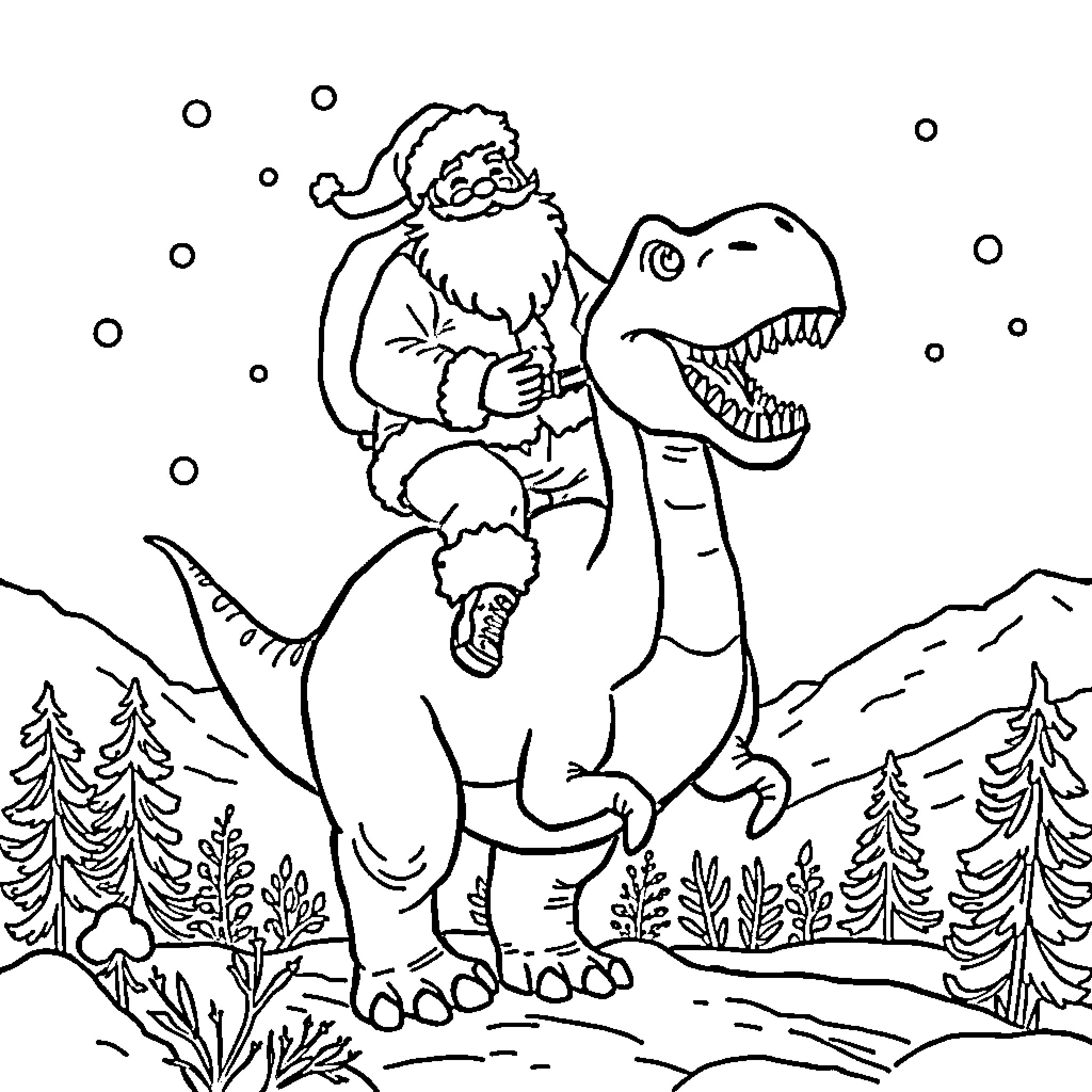 Santa riding a dinosaur in the winter wonderland Coloring Page (free black-and-white line drawing printable PDF for all, from beginners to advanced learners, including children, teens, adults, and seniors)
