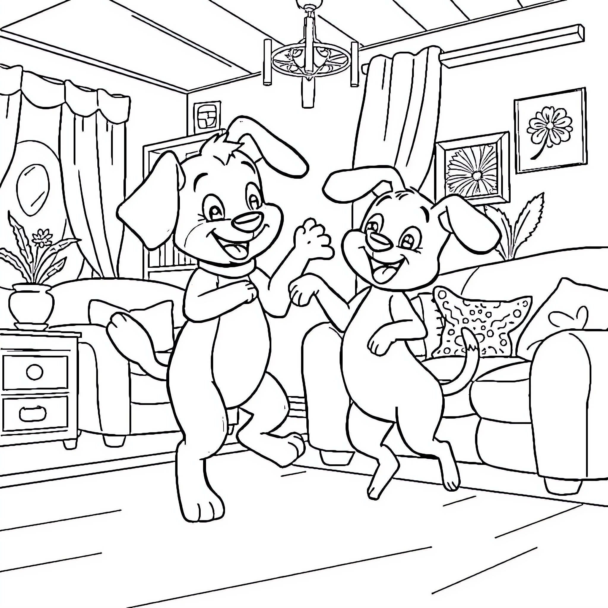 Bluey and friends playing inside the home Coloring Page (free black-and-white line drawing printable PDF for all, from beginners to advanced learners, including children, teens, adults, and seniors)