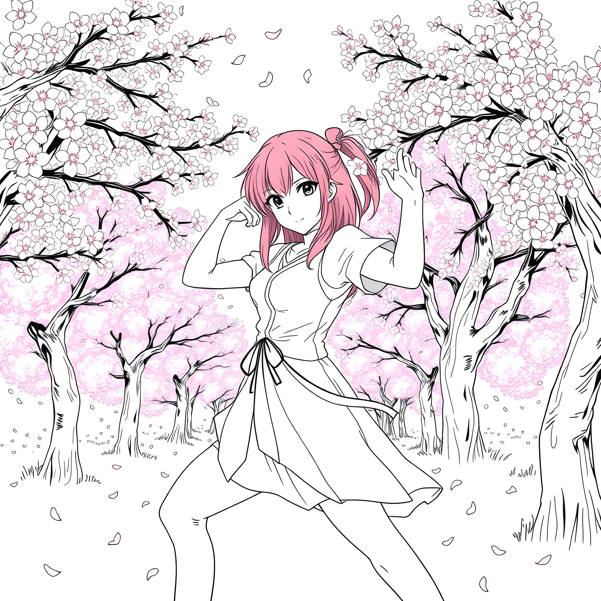 Sakura Dance in Blossom-Filled Garden Coloring Page (free black-and-white line drawing printable PDF for all, from beginners to advanced learners, including children, teens, adults, and seniors)
