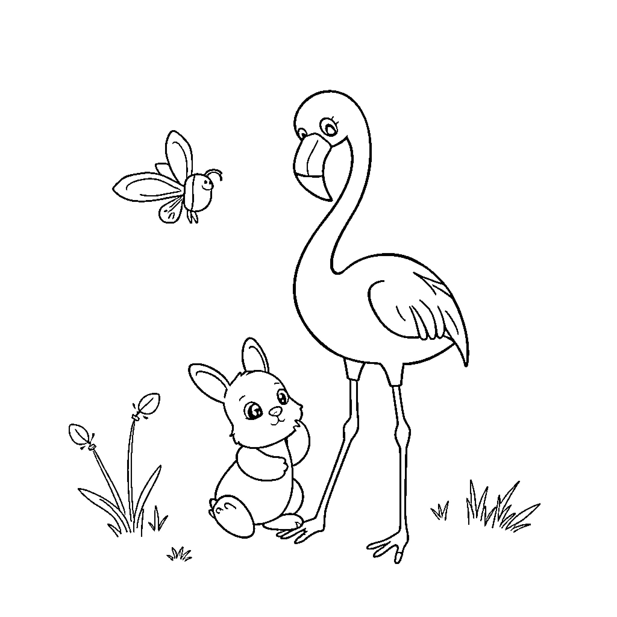 Flamingo, rabbit, and butterflies in a natural setting Coloring Page (free black-and-white line drawing printable PDF for all, from beginners to advanced learners, including children, teens, adults, and seniors)
