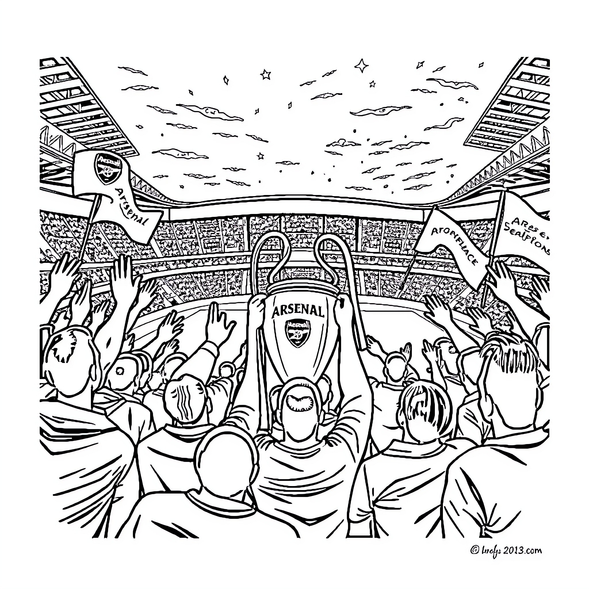 Arsenal Fans Cheering in the Stadium Coloring Page (free black-and-white line drawing printable PDF for all, from beginners to advanced learners, including children, teens, adults, and seniors)