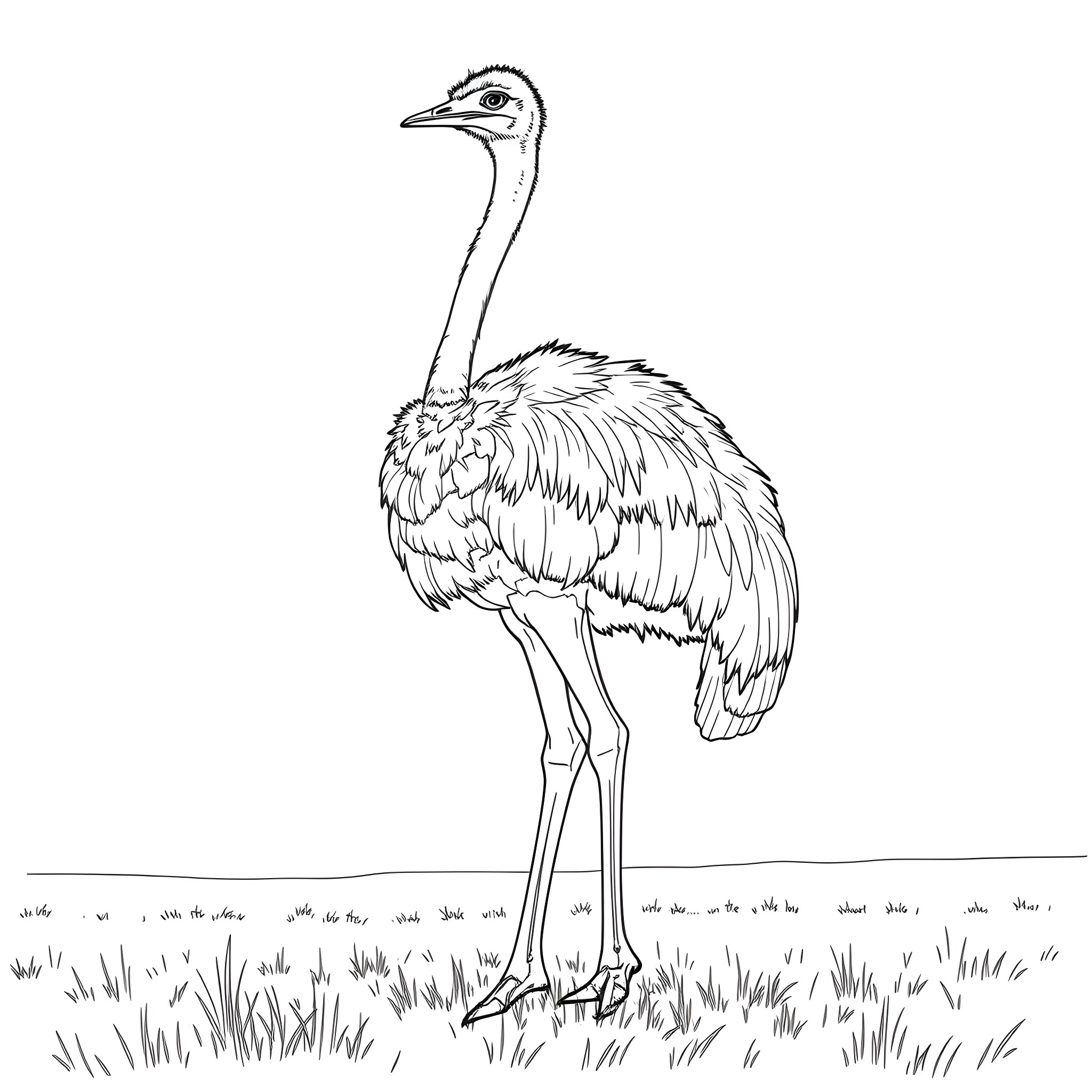 Ostrich standing in a grassy field Coloring Page (free black-and-white line drawing printable PDF for all, from beginners to advanced learners, including children, teens, adults, and seniors)
