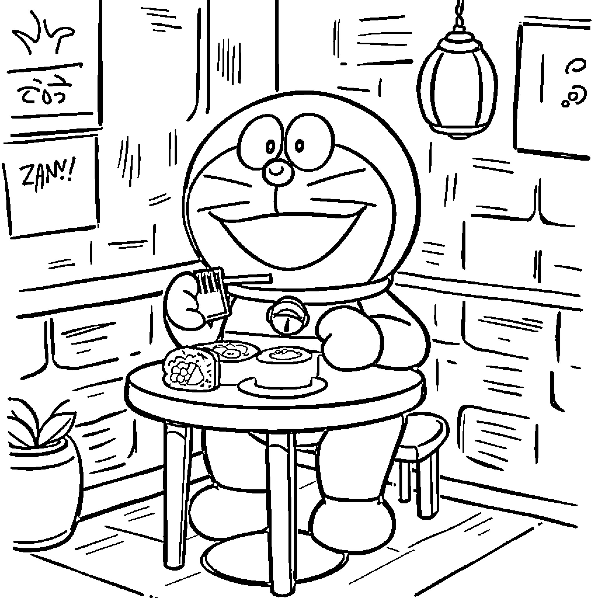 Doreimon having a snack in his cozy home Coloring Page (free black-and-white line drawing printable PDF for all, from beginners to advanced learners, including children, teens, adults, and seniors)