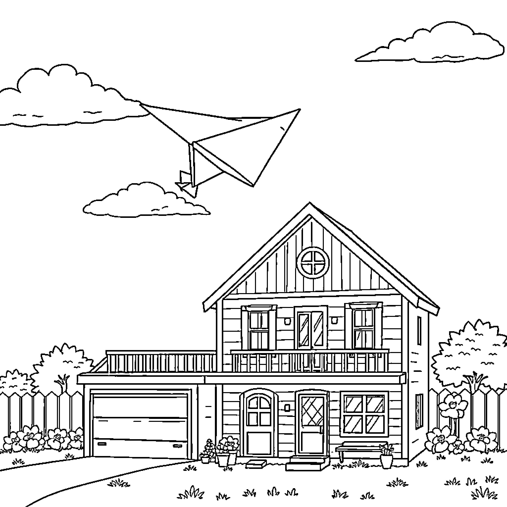Gabby's Dollhouse - Cottage with paper airplane in the sky Coloring Page (free black-and-white line drawing printable PDF for all, from beginners to advanced learners, including children, teens, adults, and seniors)