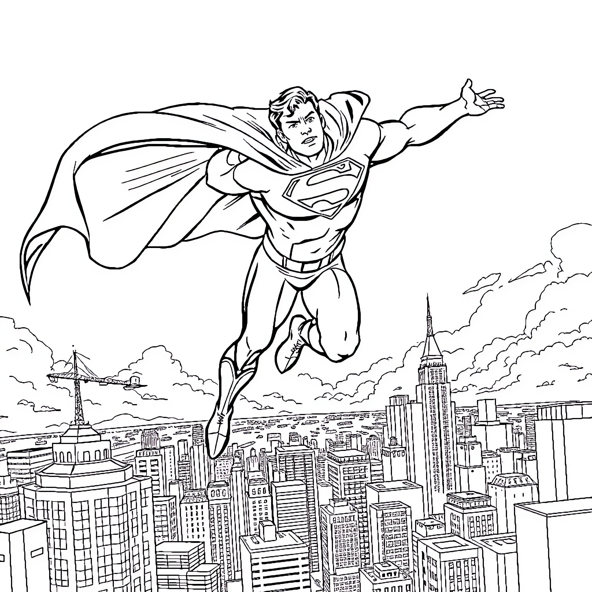 Superman soaring over the city skyline Coloring Page (free black-and-white line drawing printable PDF for all, from beginners to advanced learners, including children, teens, adults, and seniors)