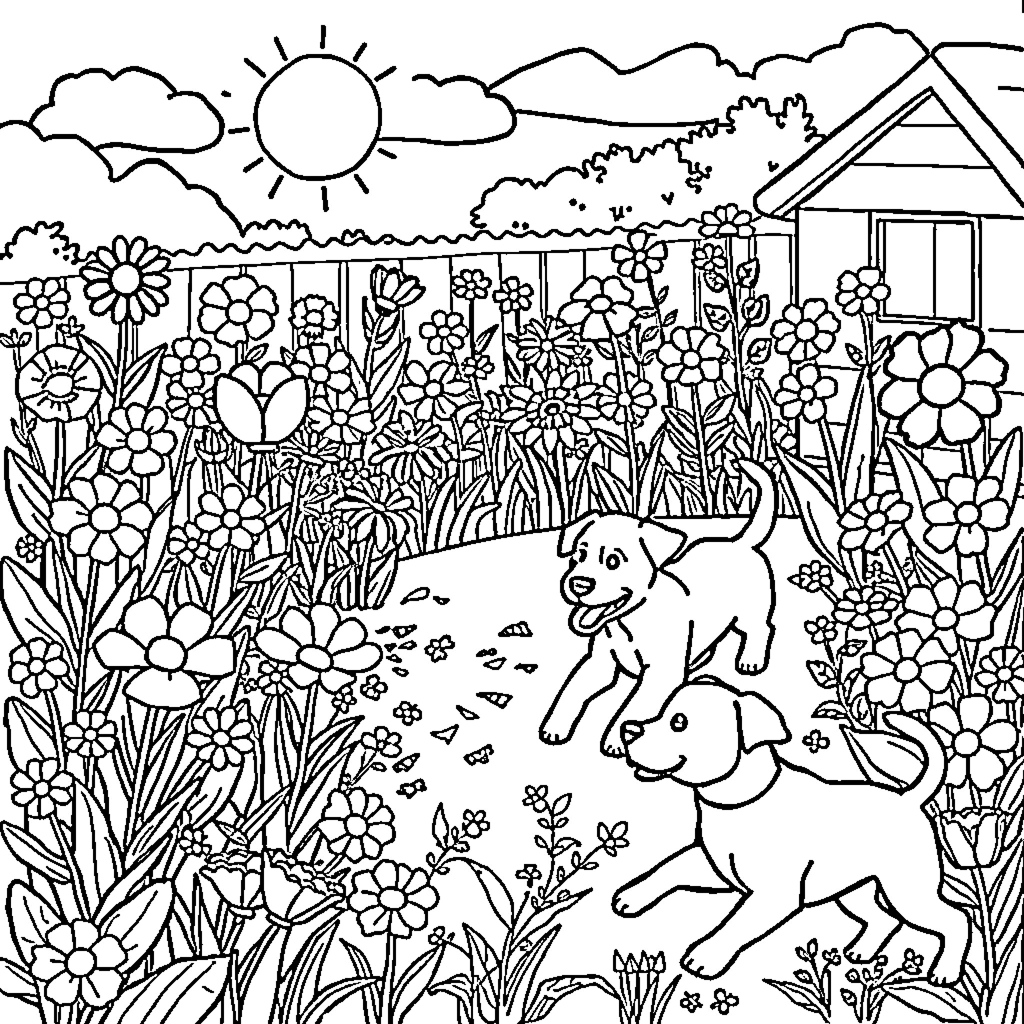 Dog playing in a colorful flower garden Coloring Page (free black-and-white line drawing printable PDF for all, from beginners to advanced learners, including children, teens, adults, and seniors)
