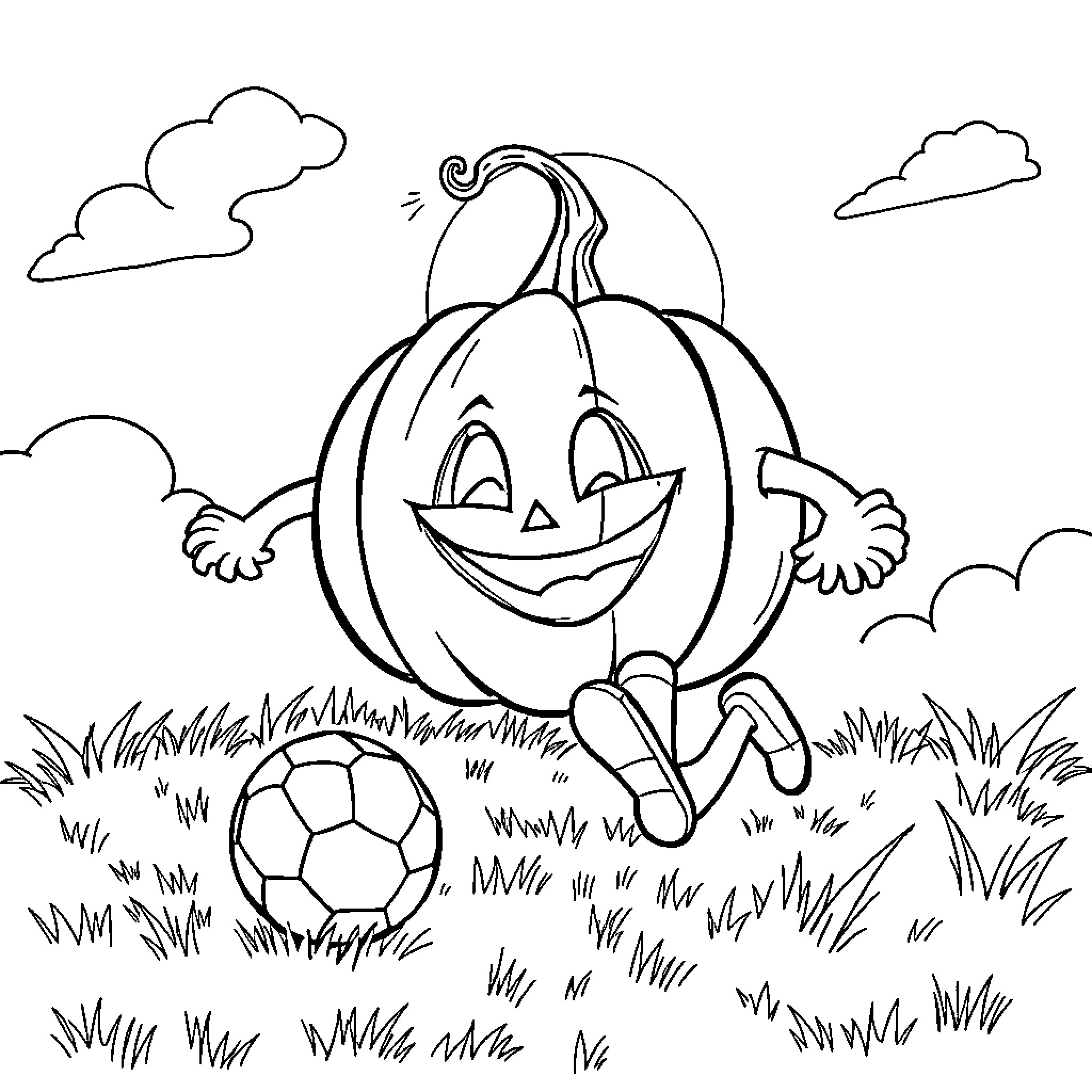 Pumpkin Playing Soccer in the Autumn Outdoors Coloring Page (free black-and-white line drawing printable PDF for all, from beginners to advanced learners, including children, teens, adults, and seniors)
