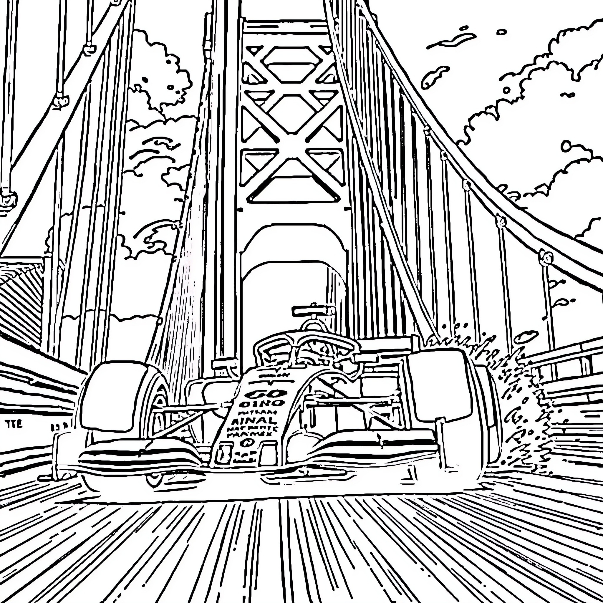 Formula 1 Racing on Iconic Bridge Coloring Page (free black-and-white line drawing printable PDF for all, from beginners to advanced learners, including children, teens, adults, and seniors)
