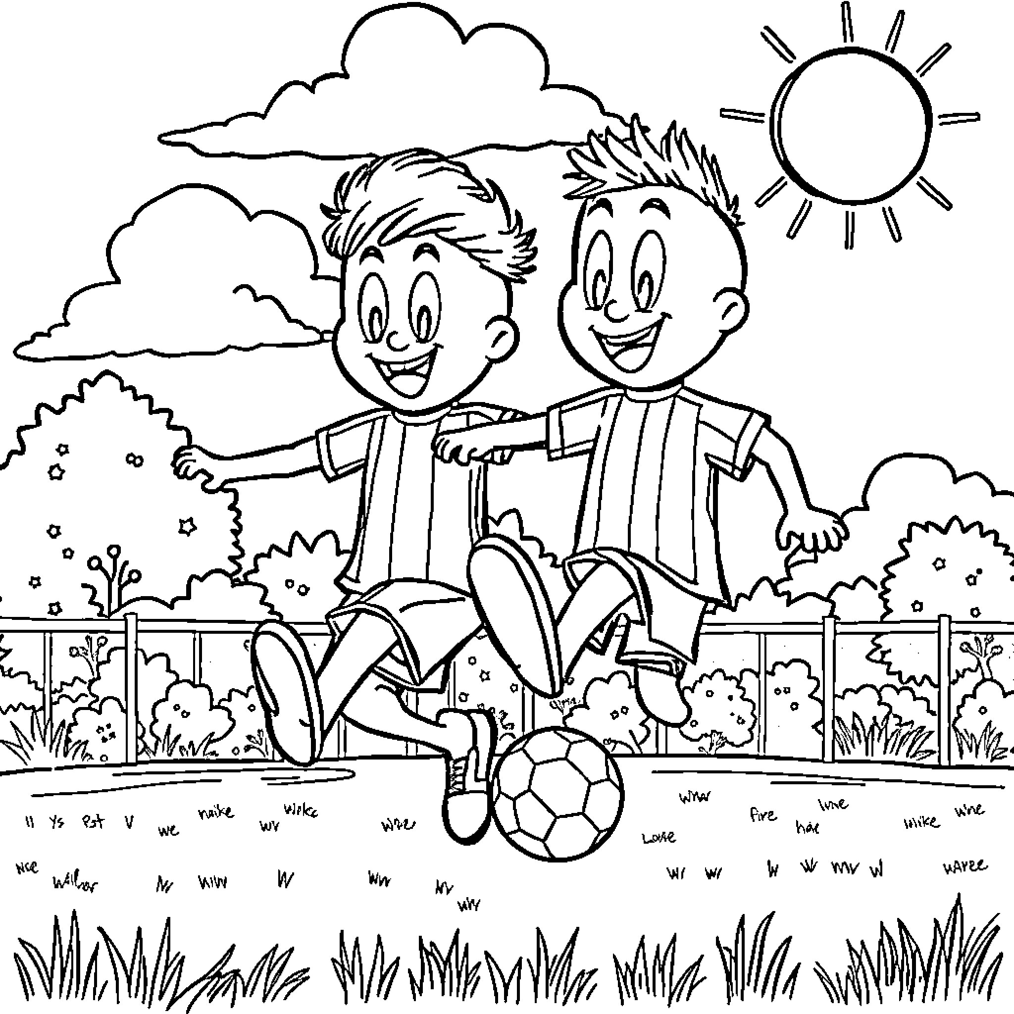 Patrouille of two young friends playing soccer outdoors Coloring Page (free black-and-white line drawing printable PDF for all, from beginners to advanced learners, including children, teens, adults, and seniors)