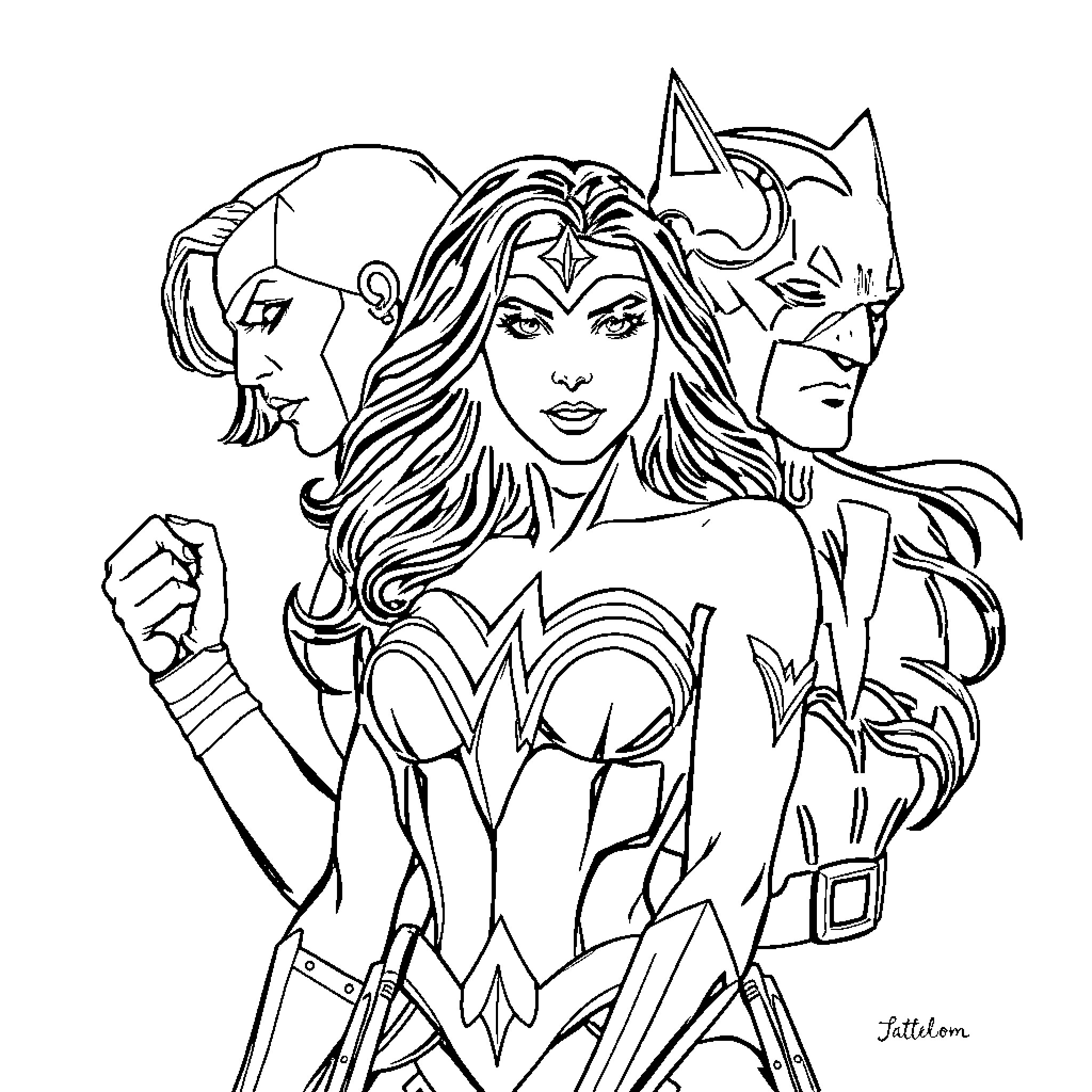 Superhero heroines in action poses Coloring Page (free black-and-white line drawing printable PDF for all, from beginners to advanced learners, including children, teens, adults, and seniors)