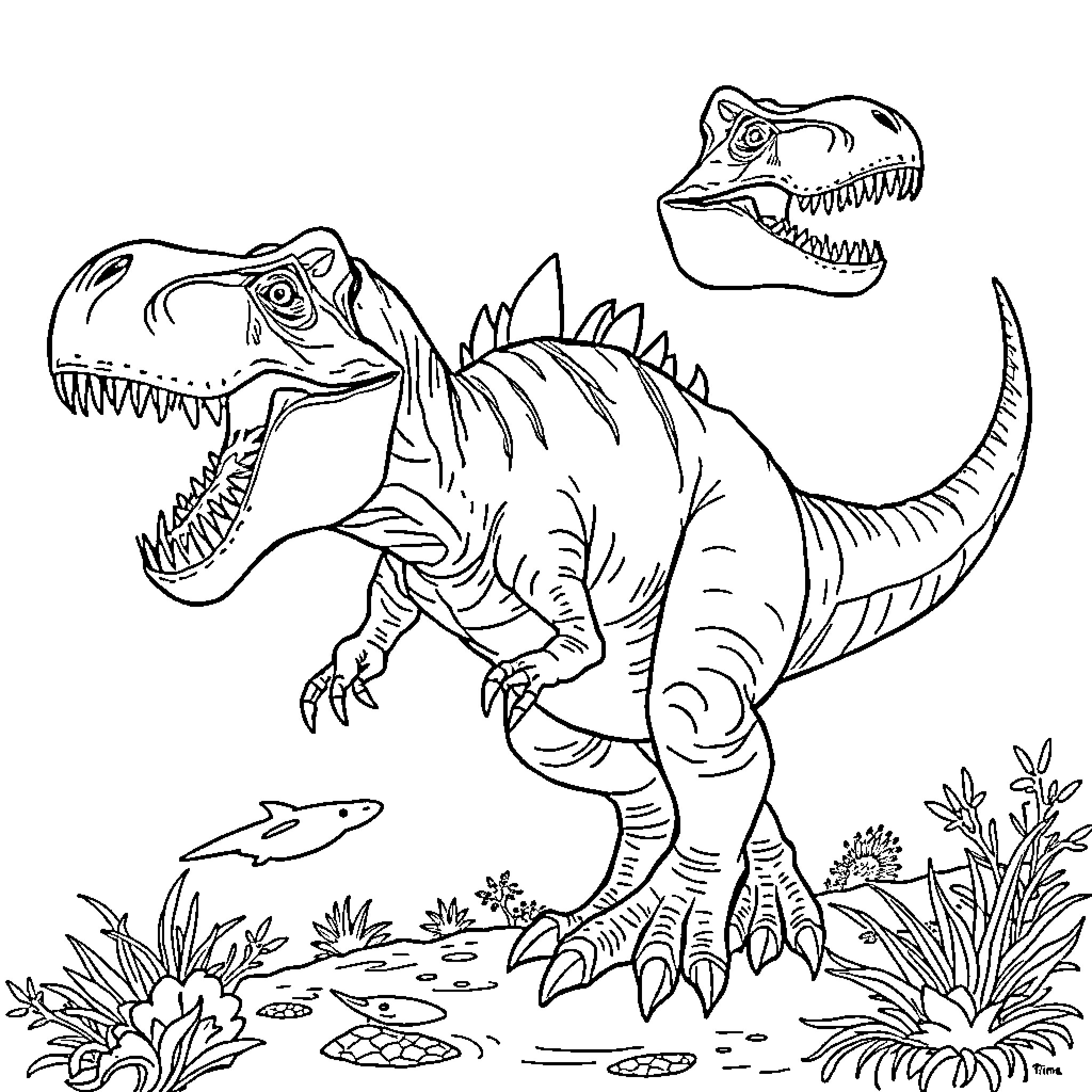 Dinosaur Roaring in the Wild Coloring Page (free black-and-white line drawing printable PDF for all, from beginners to advanced learners, including children, teens, adults, and seniors)