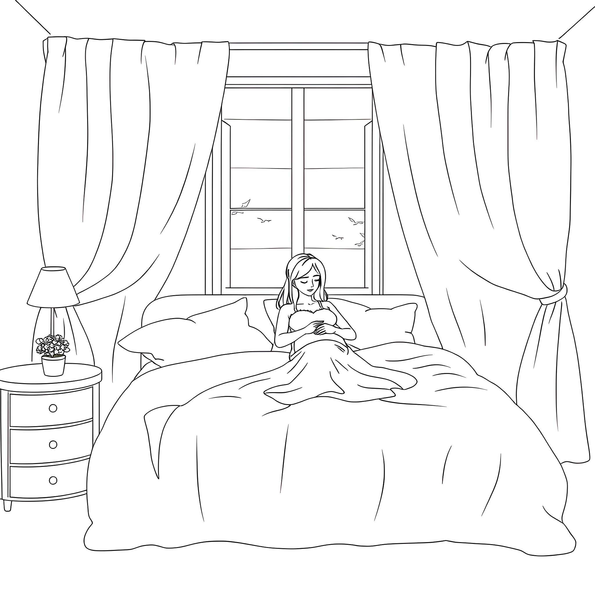 Pregnant Woman Resting Comfortably in Bedroom Coloring Page (free black-and-white line drawing printable PDF for all, from beginners to advanced learners, including children, teens, adults, and seniors)