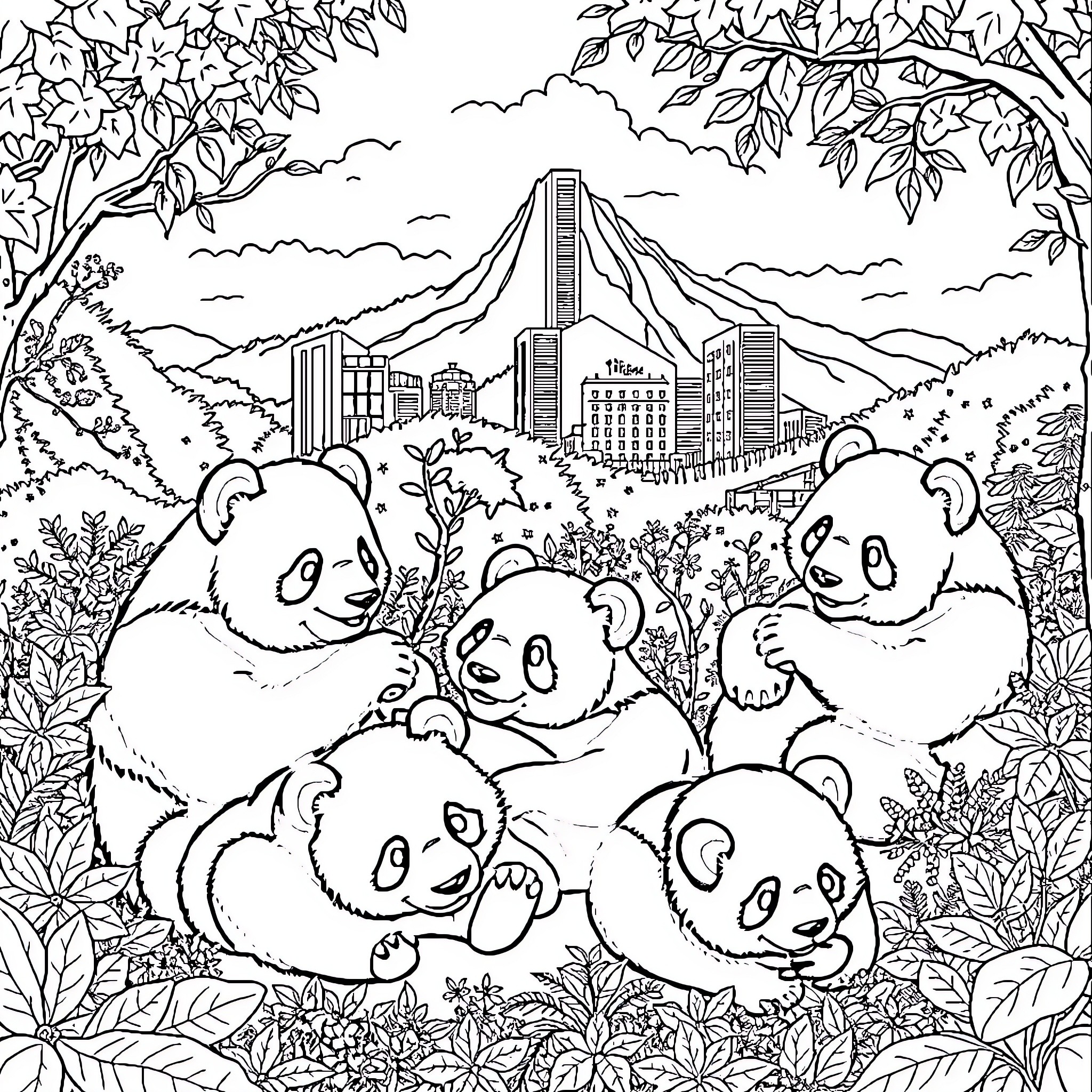 Panda family enjoying nature's beauty Coloring Page (free black-and-white line drawing printable PDF for all, from beginners to advanced learners, including children, teens, adults, and seniors)
