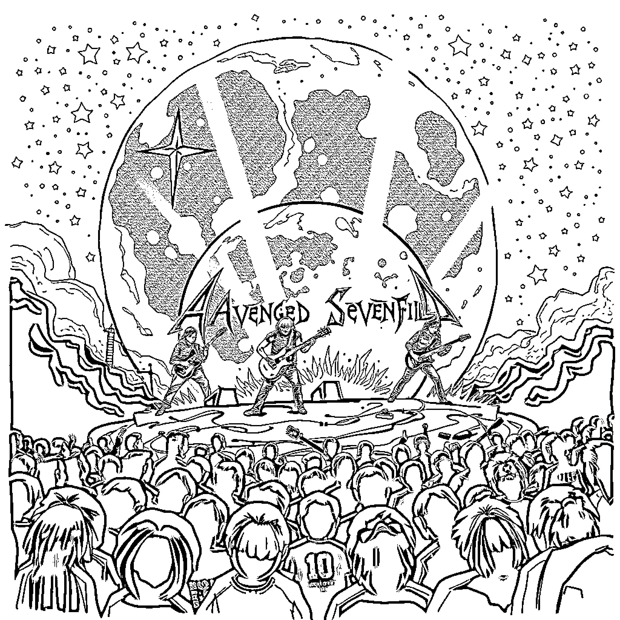 Avenged Sevenfold performing on a cosmic stage Coloring Page (free black-and-white line drawing printable PDF for all, from beginners to advanced learners, including children, teens, adults, and seniors)