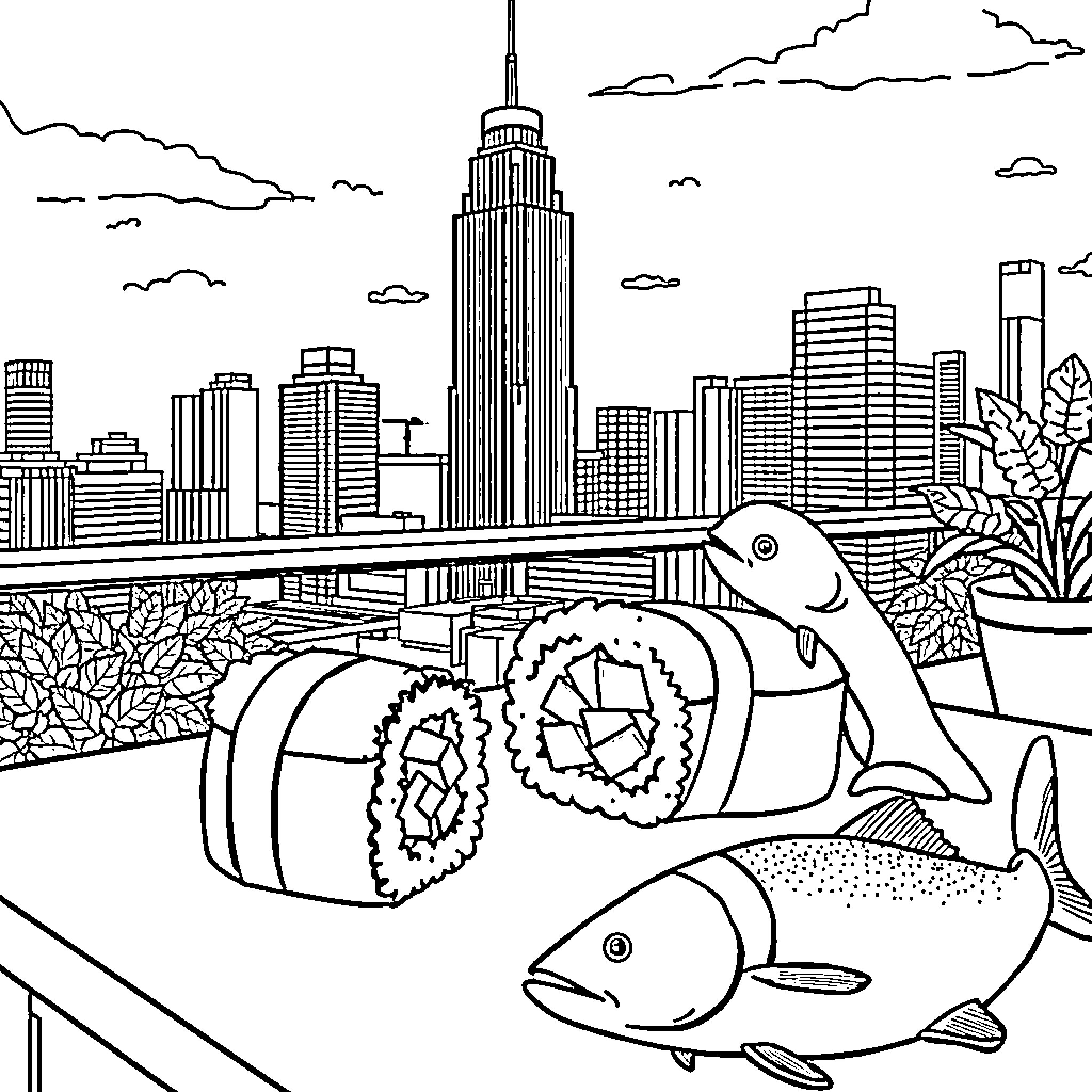 Sushi scene with city skyline and fish Coloring Page (free black-and-white line drawing printable PDF for all, from beginners to advanced learners, including children, teens, adults, and seniors)