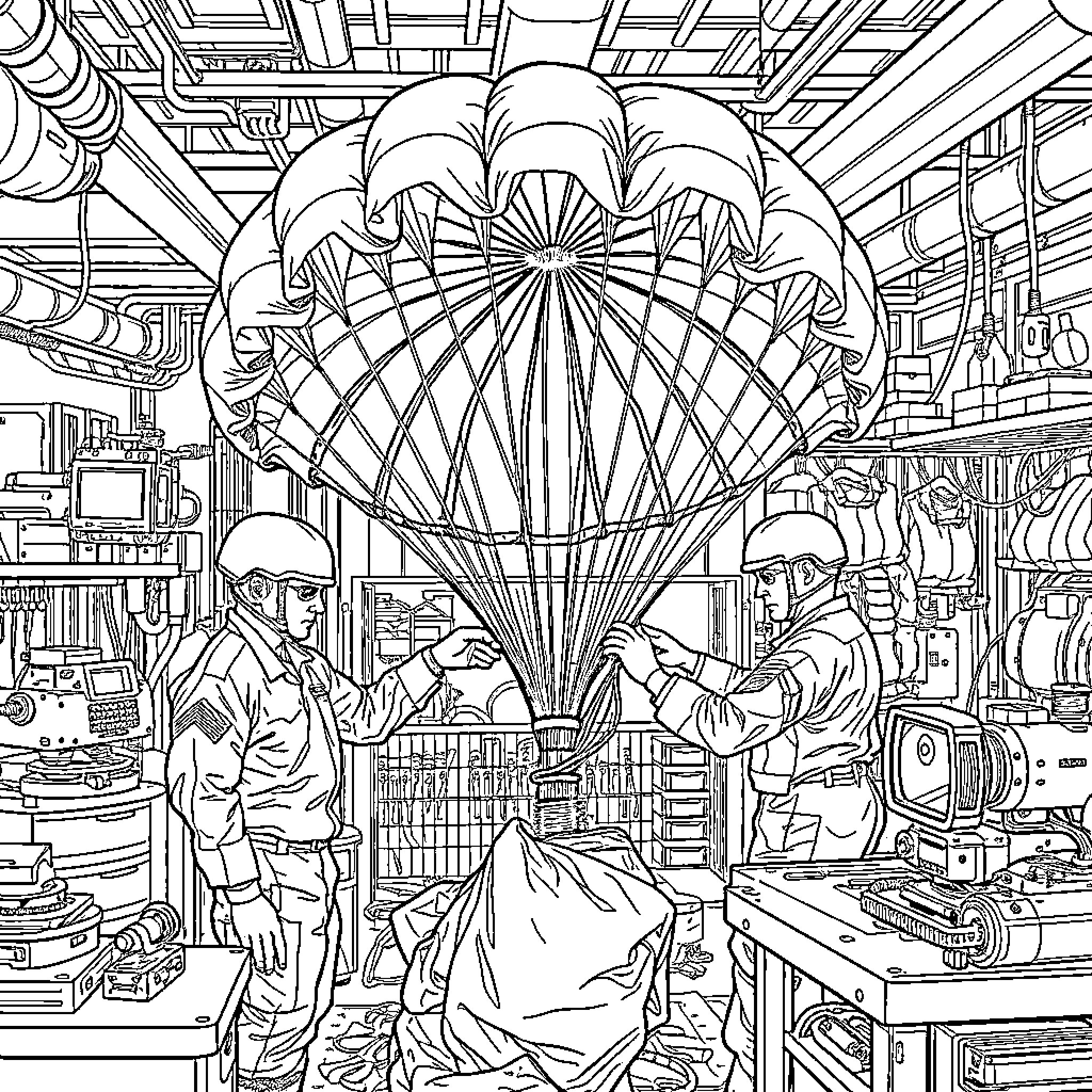 Parachute manufacturing in a bustling workshop Coloring Page (free black-and-white line drawing printable PDF for all, from beginners to advanced learners, including children, teens, adults, and seniors)