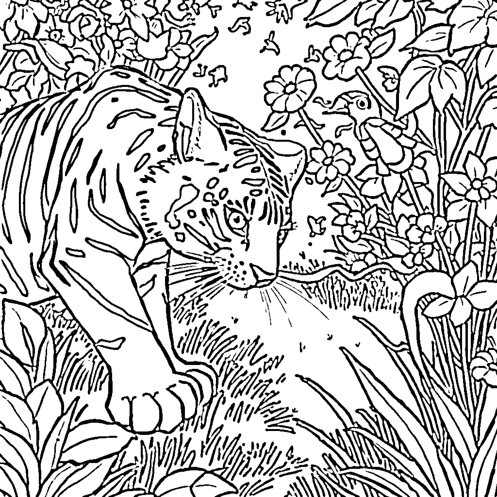Chat with Fierce Feline in the Floral Scene Coloring Page (free black-and-white line drawing printable PDF for all, from beginners to advanced learners, including children, teens, adults, and seniors)