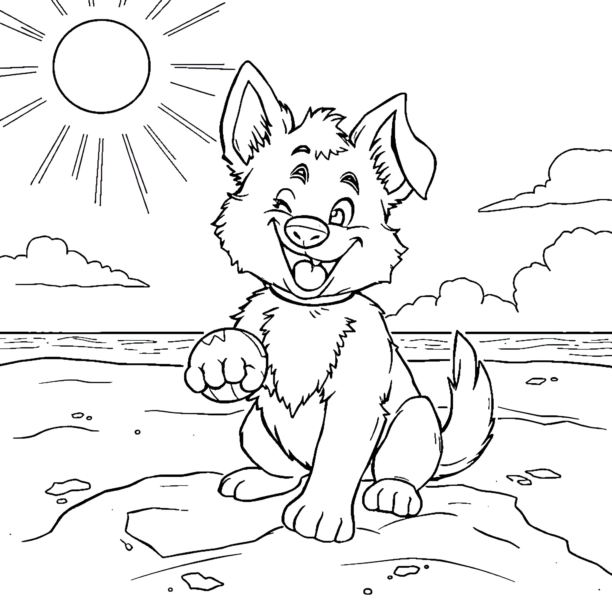 Bluey the happy pup playing on the beach Coloring Page (free black-and-white line drawing printable PDF for all, from beginners to advanced learners, including children, teens, adults, and seniors)